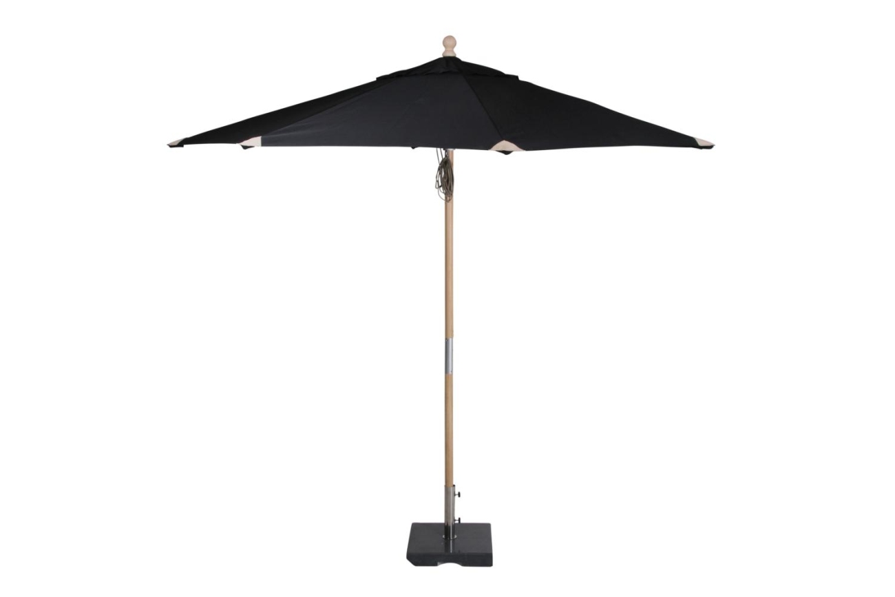 Der Sonnenschirm Reggio überzeugt mit seinem modernen Design. Gefertigt wurde er aus Kunstfasern, welcher einen schwarzen Farbton besitzt. Das Gestell ist aus Buchenholz und hat eine natürliche Farbe. Der Schirm hat einen Durchmesser von 300 cm.