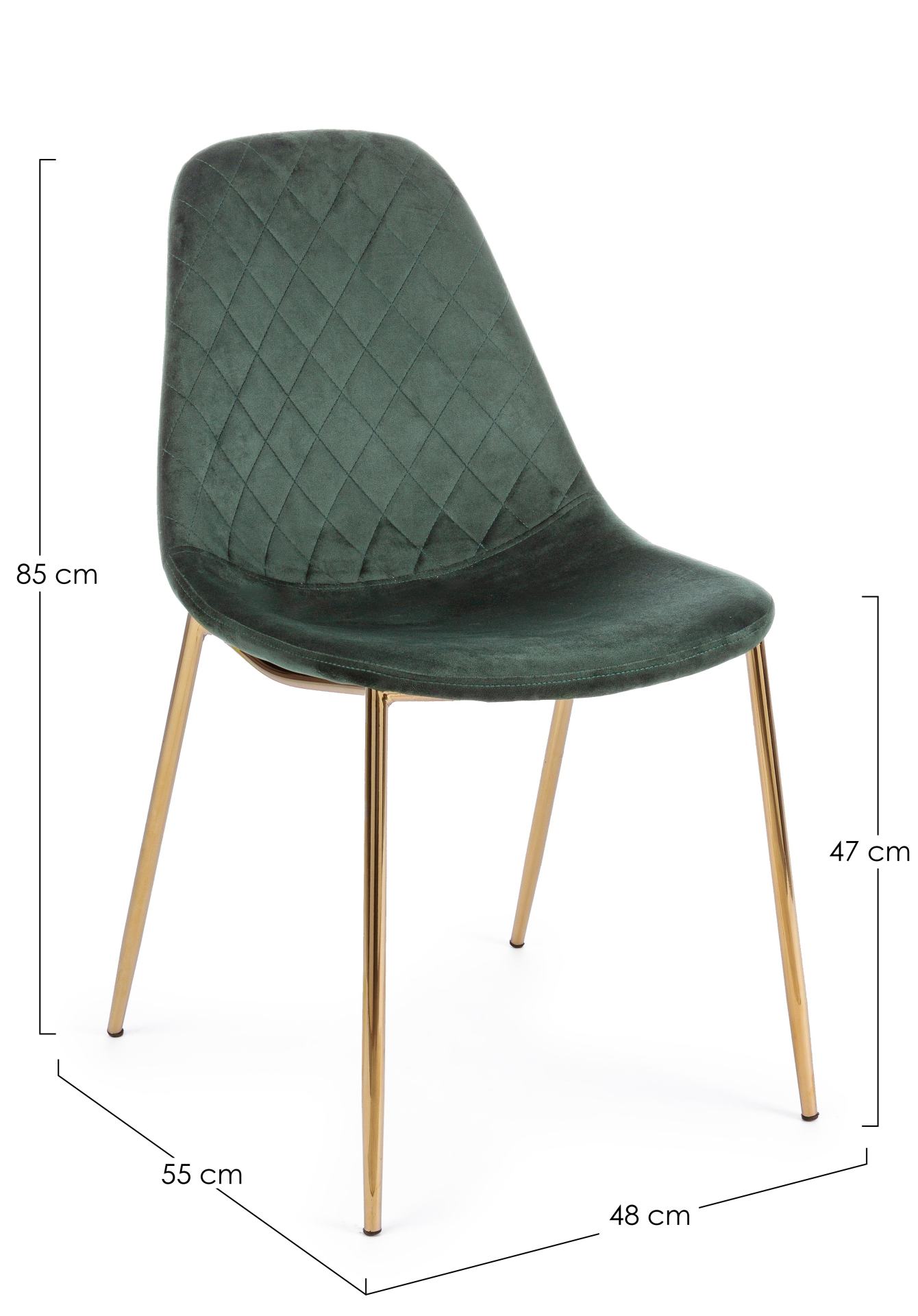 Der Esszimmerstuhl Terry überzeugt mit seinem modernem Design. Gefertigt wurde der Stuhl aus einem Samt-Bezug, welcher einen Dunkelgrünen Farbton besitzt. Das Gestell ist aus Metall und ist Gold. Die Sitzhöhe beträgt 47 cm.