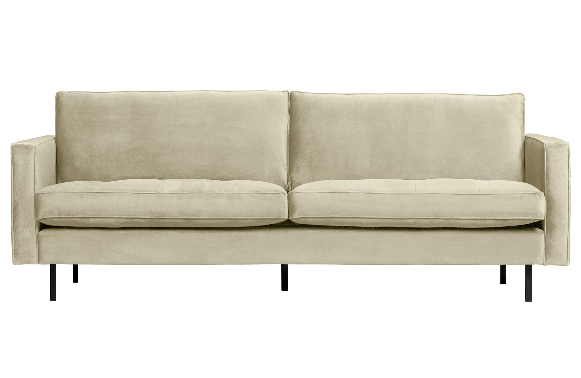 Das 2,5-Sitzer Sofa Rodeo überzeugt mit seinem modernem Design. Gefertigt wurde das Sofa aus einem Samt Bezug, welcher einen Pistazie Farbton besitzt. Die Beine sind aus Metall und haben eine schwarze Farbe.