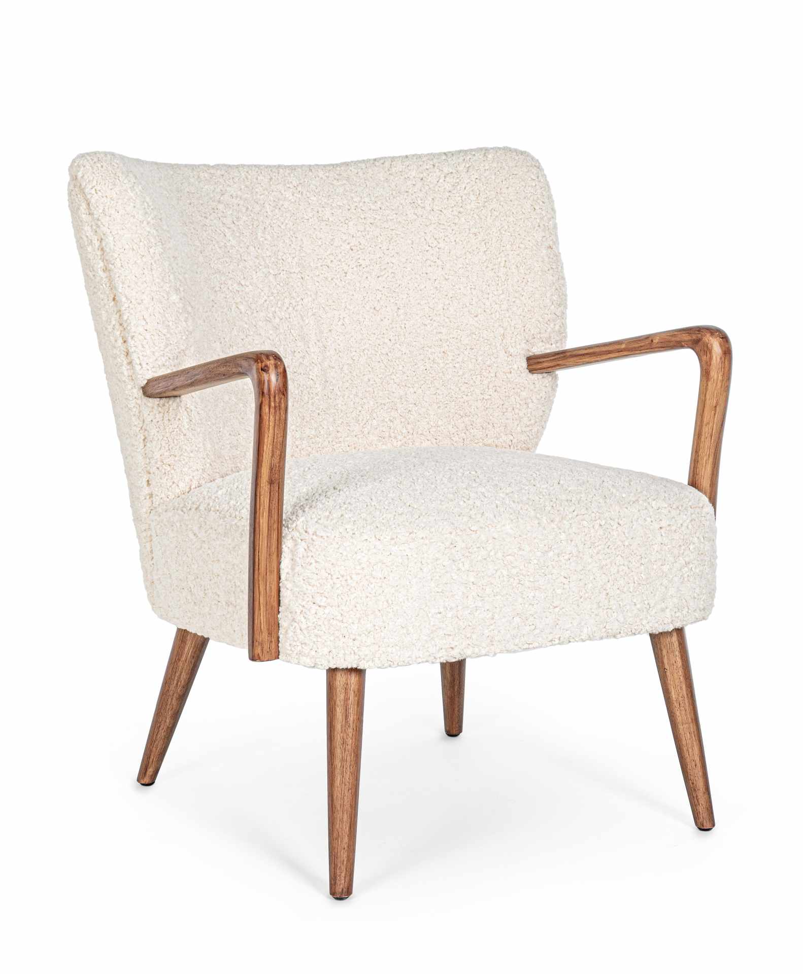 Der Sessel Moritz überzeugt mit seinem modernen Design. Gefertigt wurde er aus Stoff in Teddy-Optik, welcher einen weißen Farbton besitzt. Das Gestell ist aus Kautschukholz und hat eine natürliche Farbe. Der Sessel besitzt eine Sitzhöhe von 45 cm. Die Bre