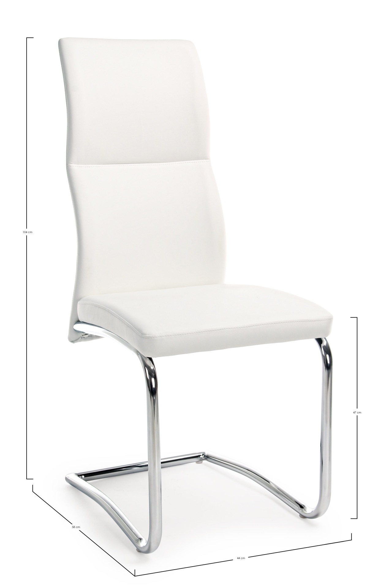Der Esszimmerstuhl Thelma überzeugt mit seinem modernem Design. Gefertigt wurde der Stuhl aus Kunstleder, welches einen weißen Farbton besitzt. Das Gestell ist aus Metall und ist Silber. Die Sitzhöhe beträgt 47 cm.