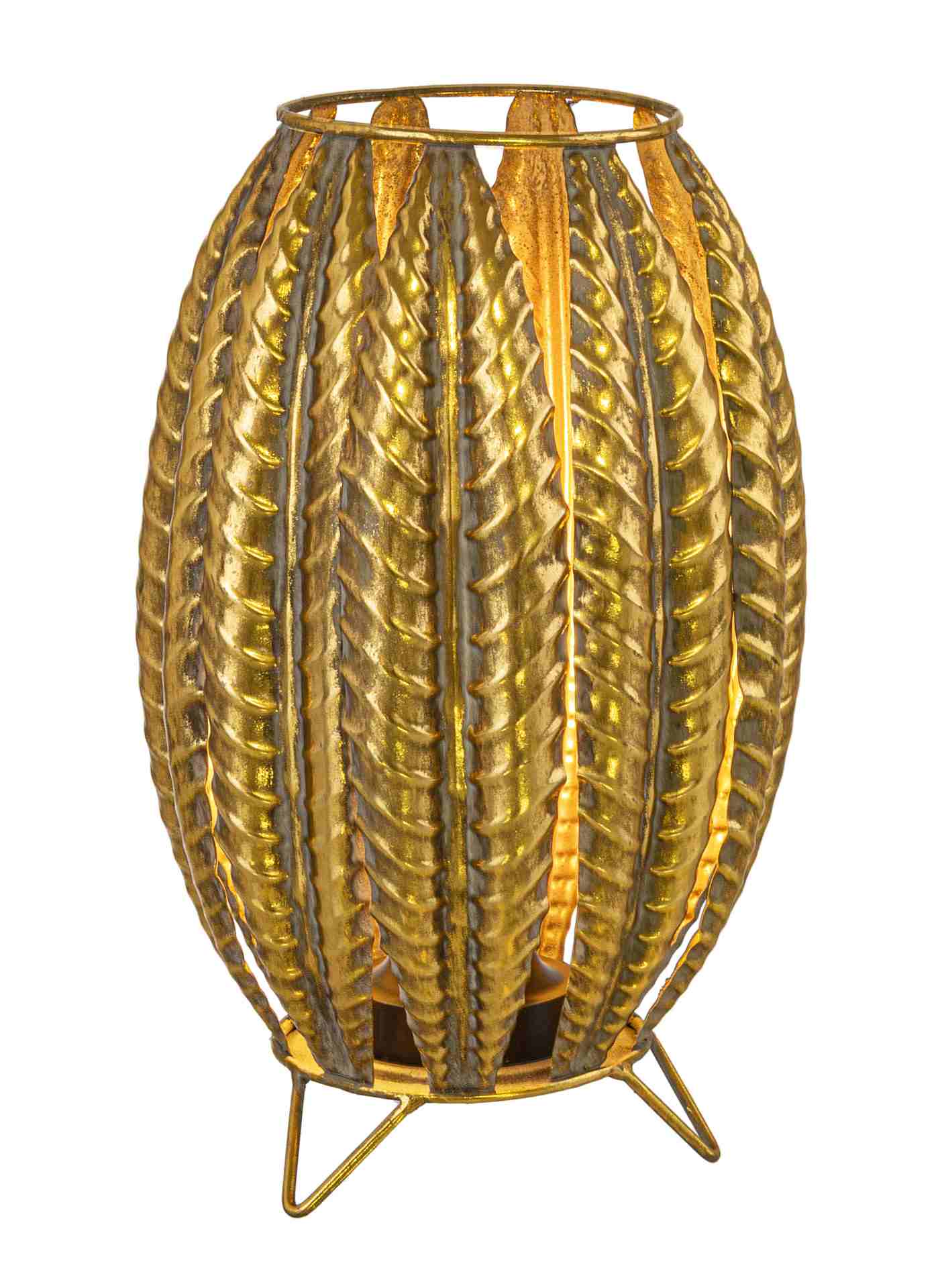 Die Tischleuchte Tarfaya überzeugt mit ihrem klassischen Design. Gefertigt wurde sie aus Metall, welches einen goldenen Farbton besitzt. Der Lampenschirm ist auch aus Metall und hat eine goldene Farbe. Die Lampe besitzt eine Höhe von 32,5 cm.