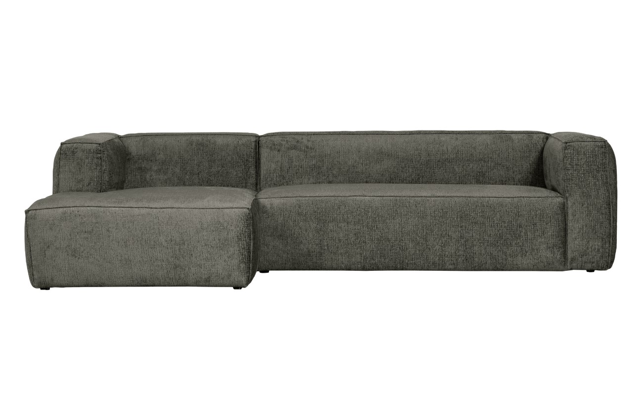 Das Sofa Bean überzeugt mit seinem modernen Stil. Gefertigt wurde es aus Struktursamt, welches einen Graugrün Farbton besitzt. Das Gestell ist aus Kunststoff und hat eine schwarze Farbe. Das Sofa in der Ausführung Links besitzt eine Größe von 305x175 cm.