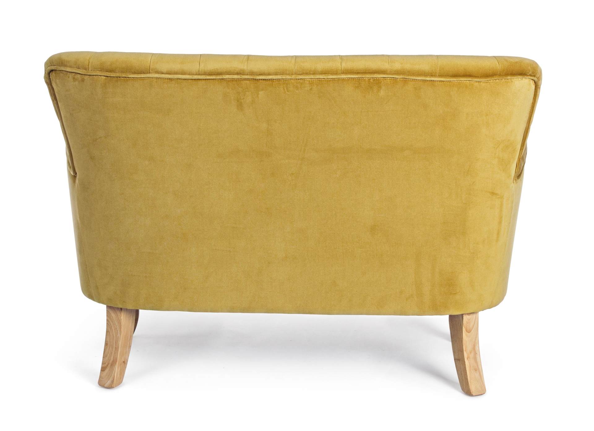 Das Sofa Orlins überzeugt mit seinem klassischen Design. Gefertigt wurde es aus Stoff in Samt-Optik, welcher einen gelben Farbton besitzt. Das Gestell ist aus Kiefernholz und hat eine natürliche Farbe. Das Sofa ist in der Ausführung als 2-Sitzer. Die Brei