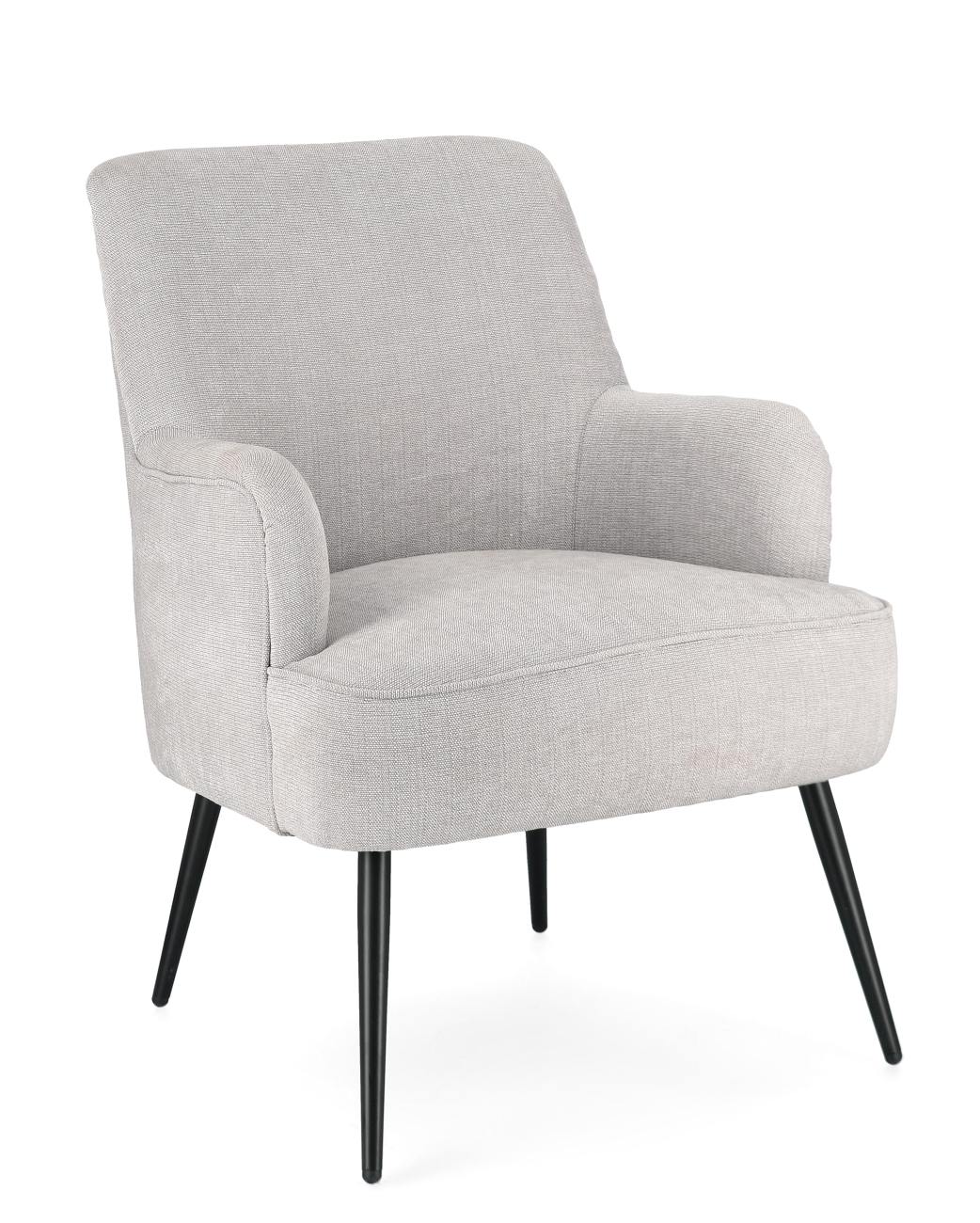 Der Sessel Ernestine überzeugt mit seinem modernen Stil. Gefertigt wurde er aus einem Stoff-Bezug, welcher einen hellgrauen Farbton besitzt. Das Gestell ist aus Metall und hat eine schwarze Farbe. Der Sessel verfügt über eine Armlehne.