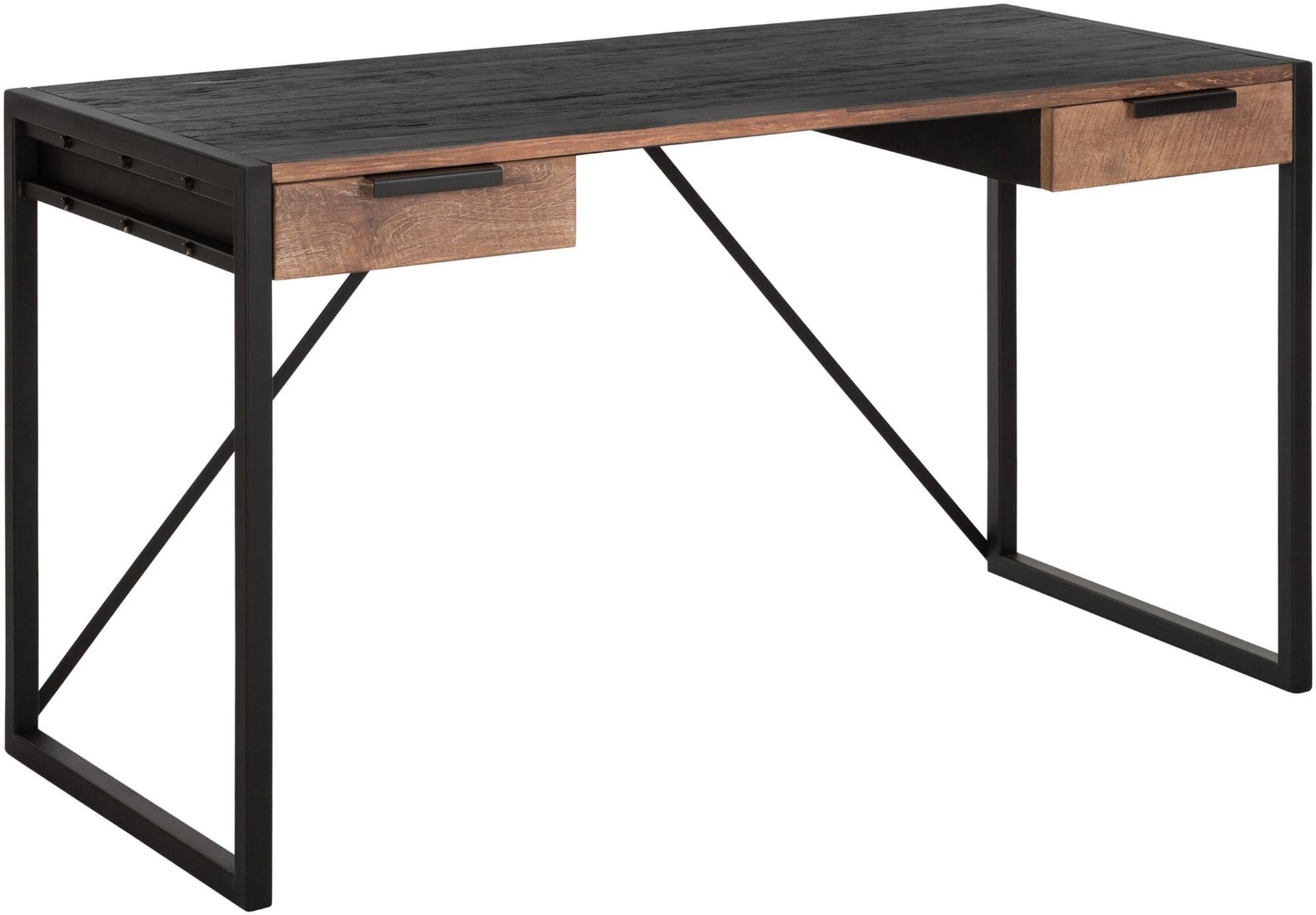 Der Schreibtisch Cosmo wurde aus recyceltem Teakholz gefertigt, welches einen natürlichen Farbton besitzt. Das Gestell ist aus Metall und ist Schwarz. Der Schreibtisch verfügt über zwei Schubladen.