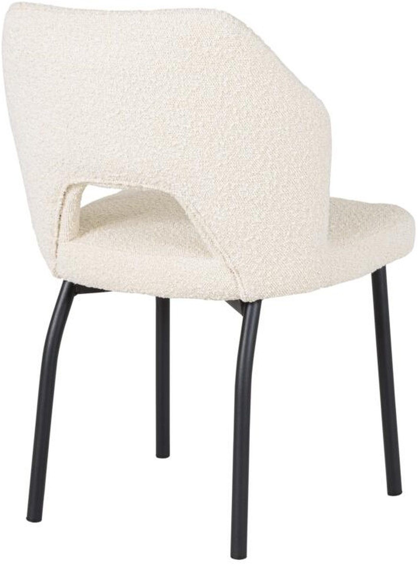 Der Esszimmerstuhl Bloom überzeugt mit seinem modernem aber auch schlichtem Design. Gefertigt wurde der Stuhl aus einem Boucle Stoff, welcher einen Natur Farbton besitzt. Das Gestell ist aus Metall und ist Schwarz.