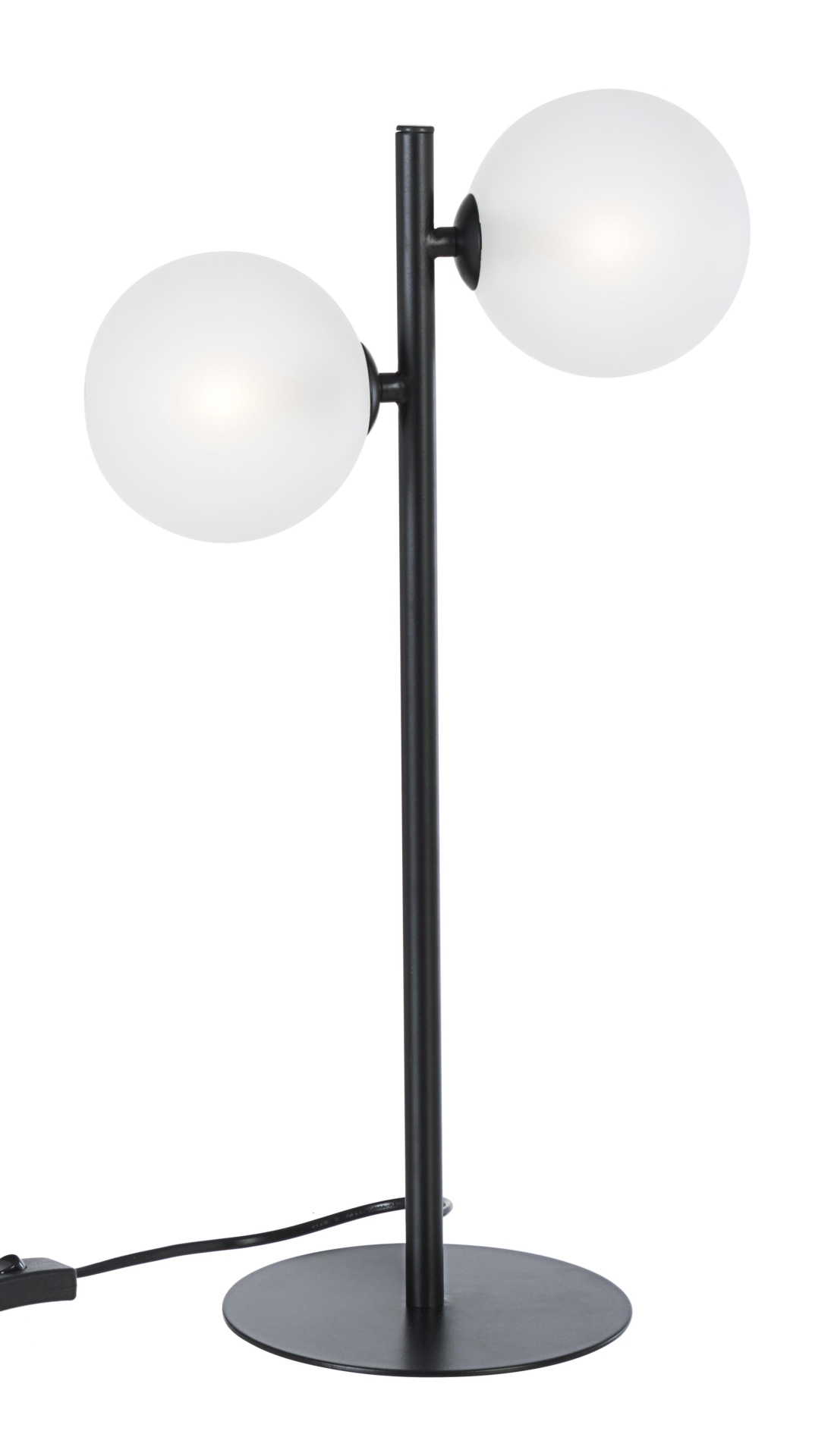 Die Tischleuchte Balls überzeugt mit ihrem modernen Design. Gefertigt wurde sie aus Metall, welches einen schwarzen Farbton besitzt. Die Lichtquellen sind aus Milchglas. Die Lampe besitzt eine Höhe von 54 cm.