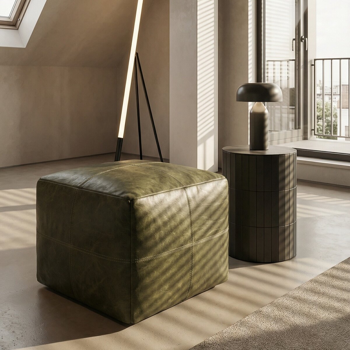 Pouf Anneta aus Leder 50x50 cm, Olive-Grün