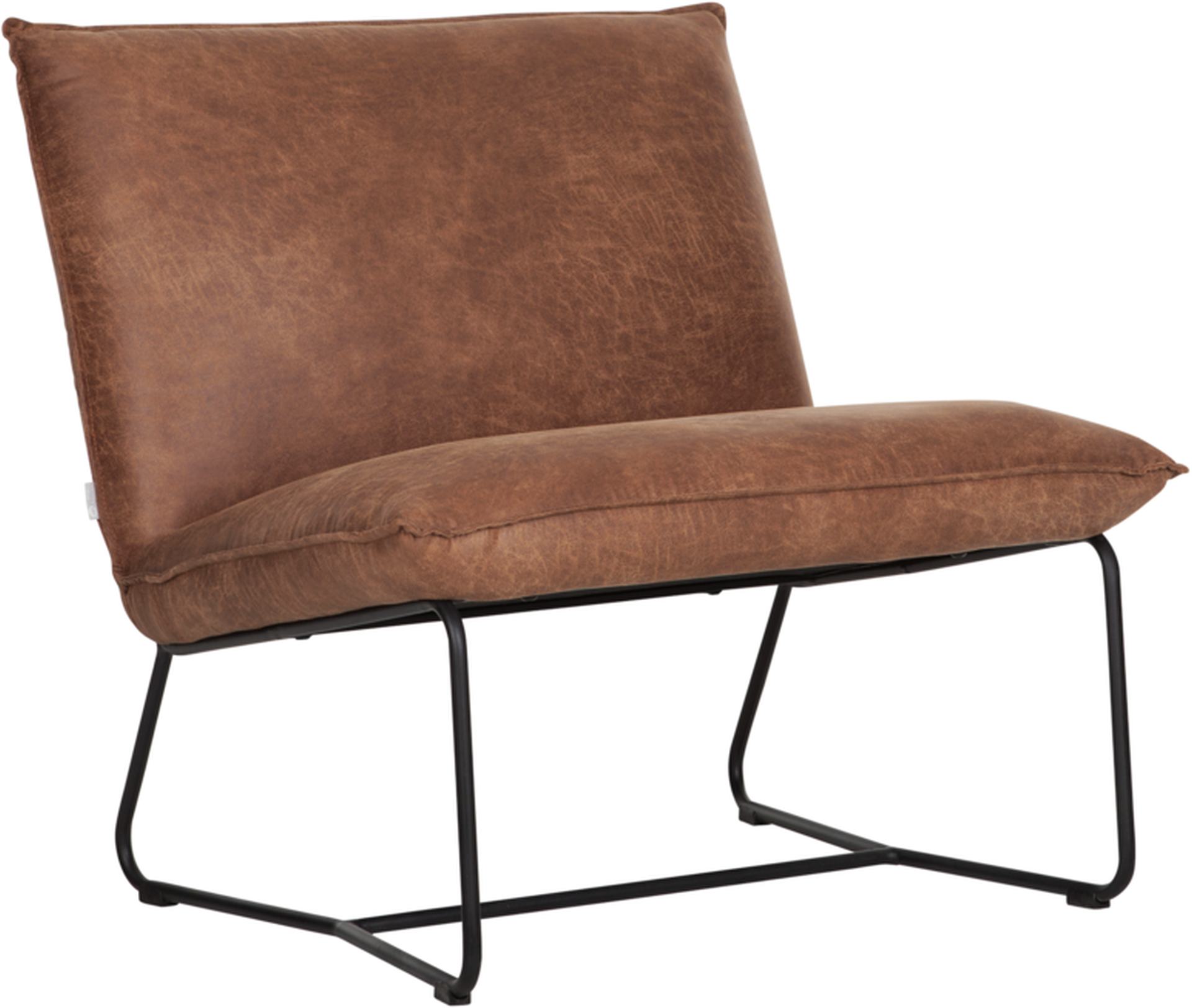 Der bequeme Sessel Delaware überzeugt mit seinem modernem Design.Gefertigt wurde er aus recyceltem Leder, welches einen Cognac Farbton besitzt. Das Gestell des Sessels ist aus Metall und ist Schwarz.