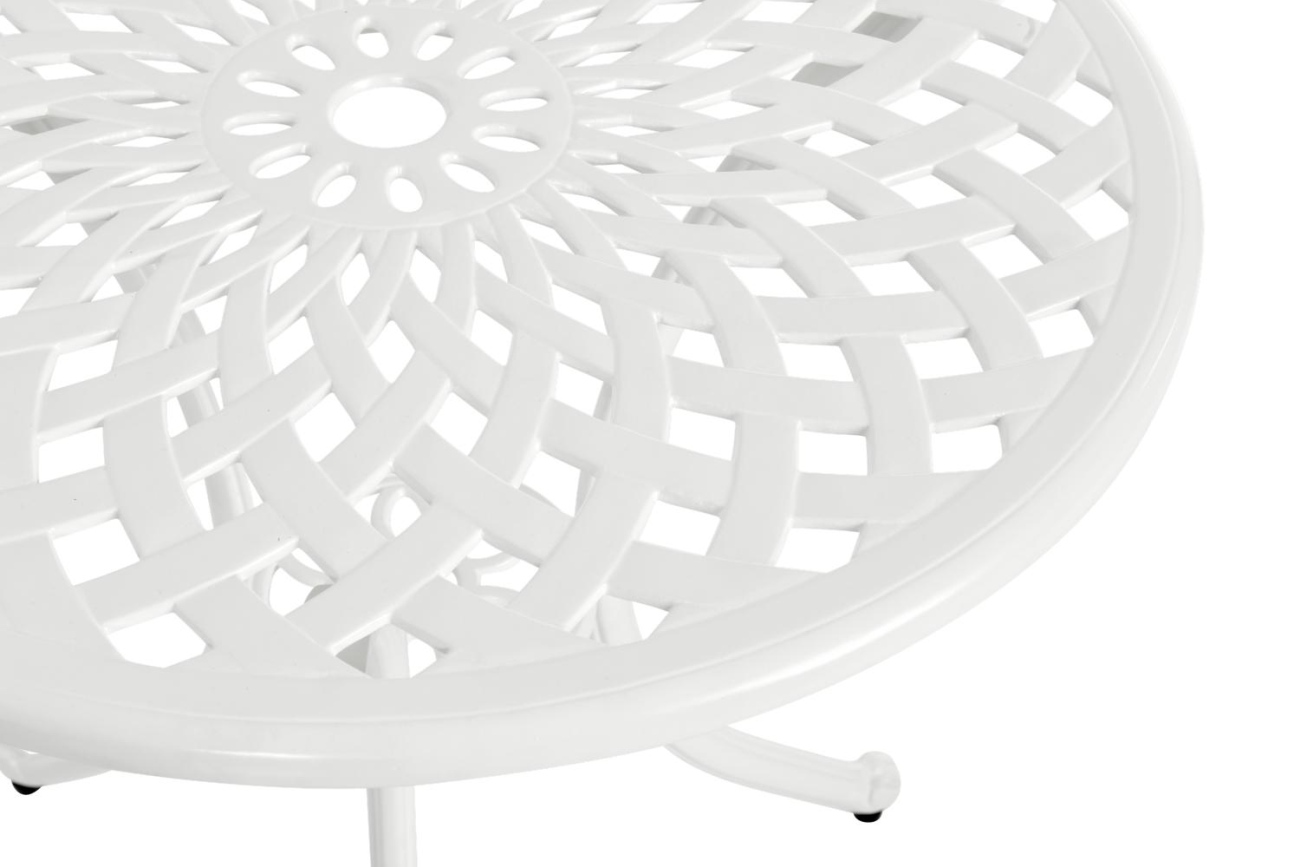 Der Gartenesstisch Arras überzeugt mit seinem modernen Design. Gefertigt wurde die Tischplatte aus Metall, welche einen weißen Farbton besitzt. Das Gestell ist aus Metall und hat eine weiße Farbe. Der Tisch besitzt einen Durchmesser von 70 cm.