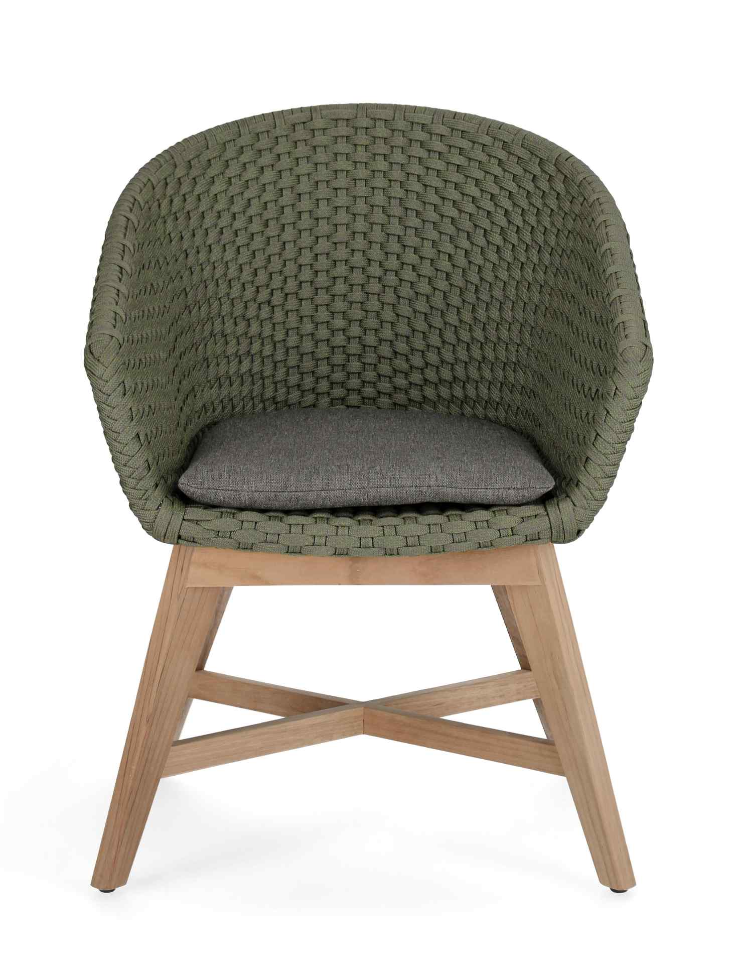 Der Gartenstuhl Coachella überzeugt mit seinem modernen Design. Gefertigt wurde er aus Olefin-Stoff, welcher einen grünen Farbton besitzt. Das Gestell ist aus Teakholz und hat eine natürliche Farbe. Der Stuhl verfügt über eine Sitzhöhe von 46 cm und ist f