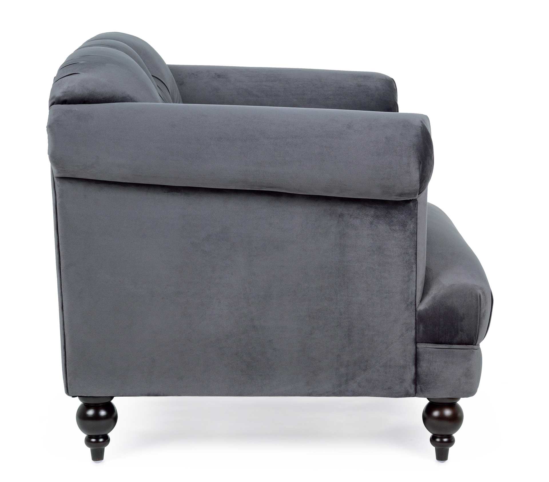Der Sessel Blossom überzeugt mit seinem klassischen Design. Gefertigt wurde er aus Stoff in Samt-Optik, welcher einen grauen Farbton besitzt. Das Gestell ist aus Kautschukholz und hat eine schwarze Farbe. Der Sessel besitzt eine Sitzhöhe von 44 cm. Die Br