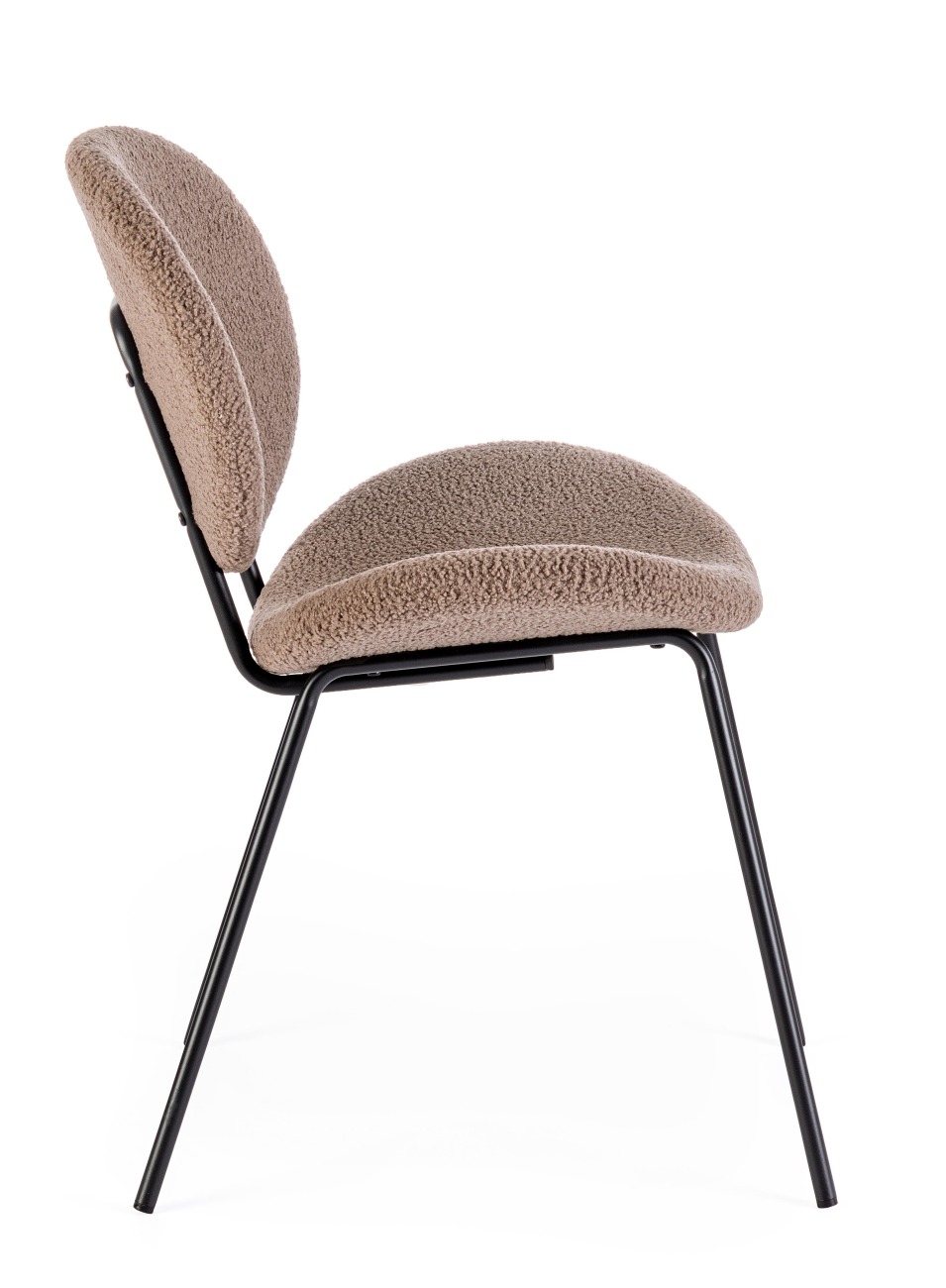 Der Esszimmerstuhl Maddie überzeugt mit seinem modernen Stil. Gefertigt wurde er aus Boucle-Stoff, welcher einen braunen Farbton besitzt. Das Gestell ist aus Metall und hat eine schwarze Farbe. Der Stuhl besitzt eine Sitzhöhe von 46 cm.