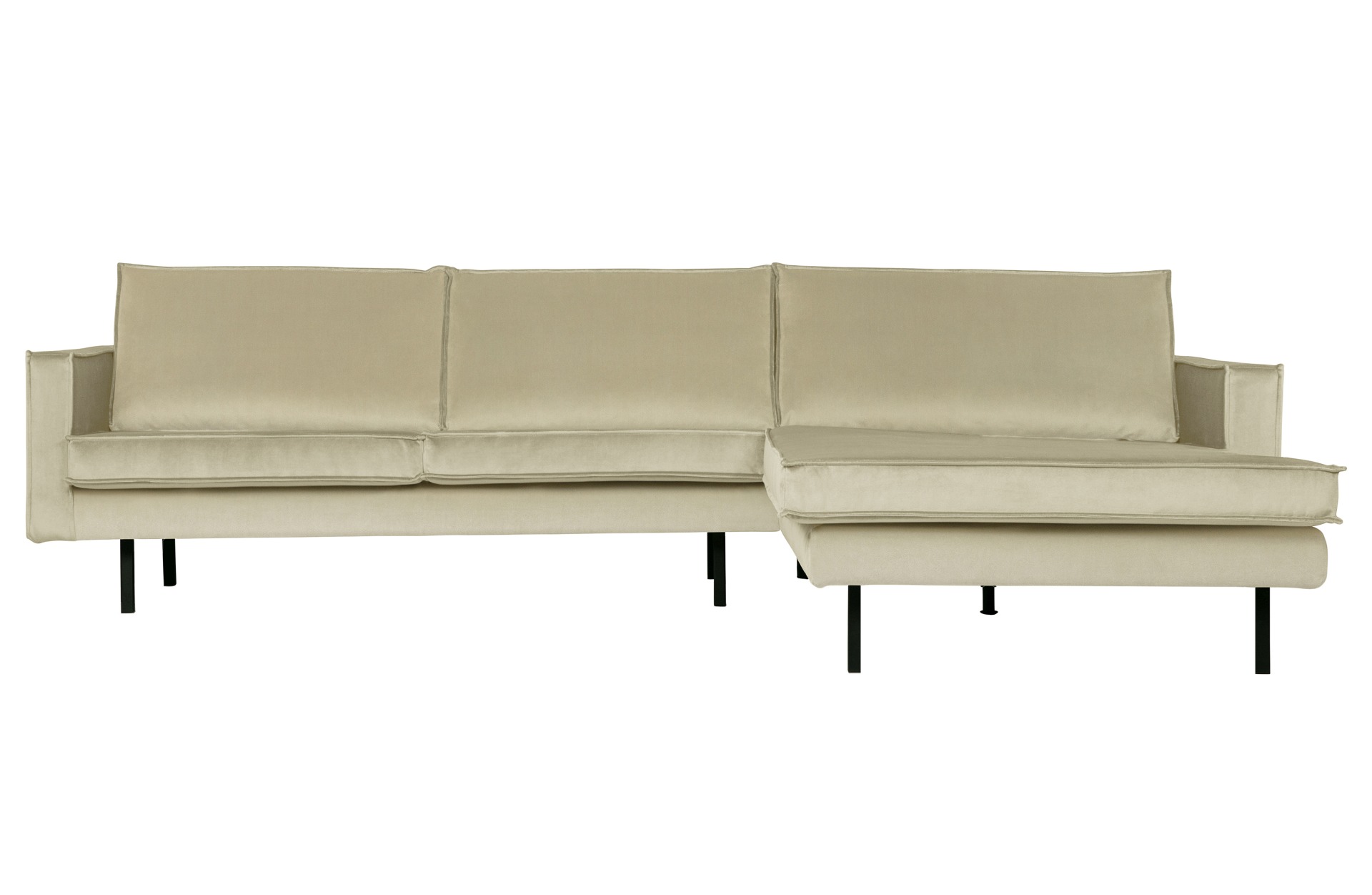 Das Ecksofa Sofa Rodeo Chaiselounge überzeugt mit seinem modernem Design. Gefertigt wurde das Sofa aus einem Samt Bezug, welcher einen Pistazie Farbton besitzt. Die Beine sind aus Metall und haben eine schwarze Farbe.