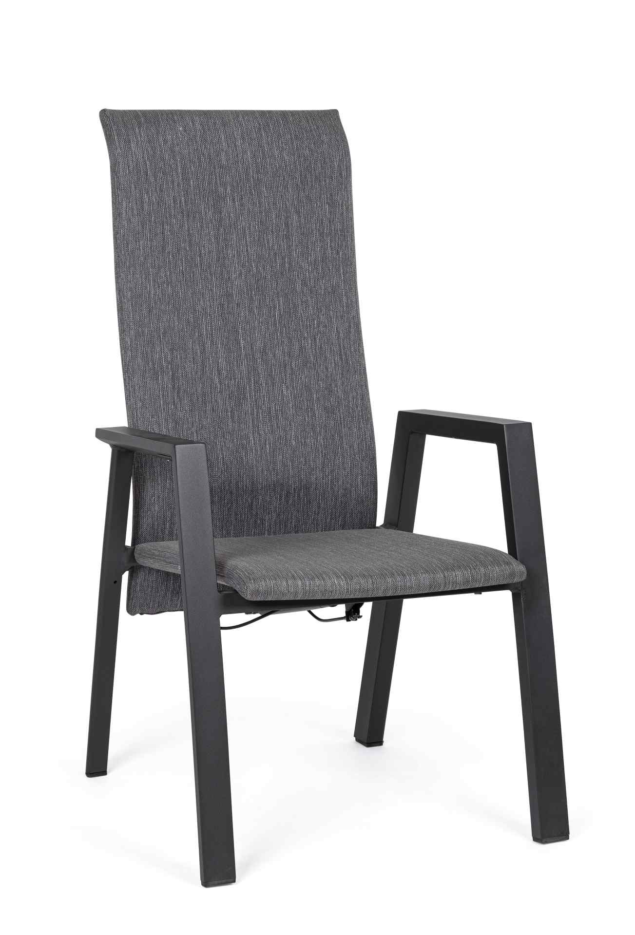Der Gartenstuhl Ethan überzeugt mit seinem modernen Design. Gefertigt wurde er aus einem Mischstoff, welcher einen grauen Farbton besitzt. Das Gestell ist aus Aluminium und hat auch eine schwarze Farbe. Der Stuhl verfügt über eine Sitzhöhe von 45 cm und i