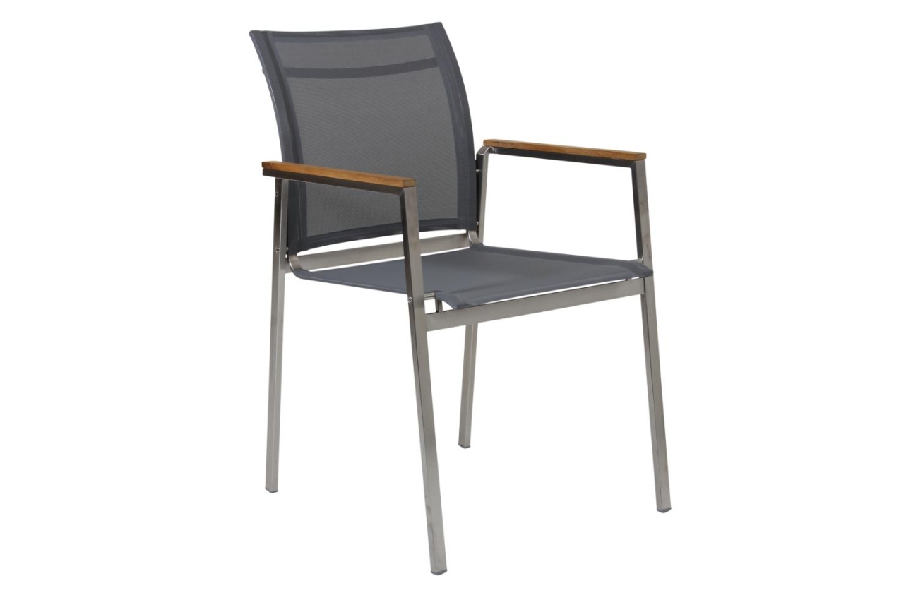 Der Gartenstuhl Hinton überzeugt mit seinem modernen Design. Gefertigt wurde er aus Textilene, welches einen grauen Farbton besitzt. Das Gestell ist aus Metall und hat eine silberne Farbe. Die Sitzhöhe des Stuhls beträgt 45 cm.