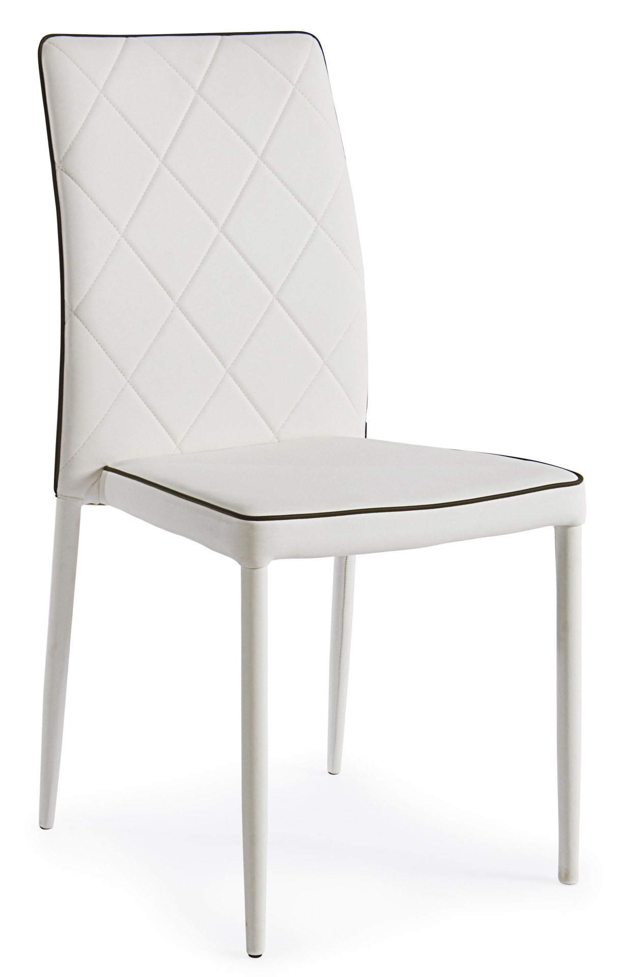 Der Stuhl Achille überzeugt mit seinem modernem Design. Gefertigt wurde der Stuhl aus Kunstleder, welches einen weißen Farbton besitzt. Das Gestell ist aus Metall und ist in der Selben Farbe wie die Sitzfläche. Der Stuhl verfügt über eine Gesteppte Rücken