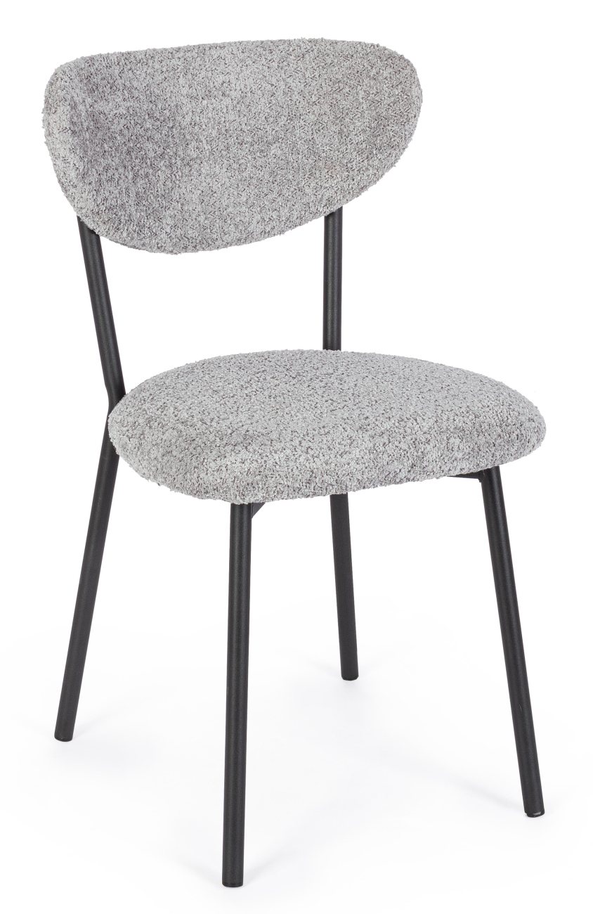 Der Esszimmerstuhl Ludmilla überzeugt mit seinem modernen Stil. Gefertigt wurde er aus Boucle-Stoff, welcher einen grauen Farbton besitzt. Das Gestell ist aus Metall und hat eine schwarze Farbe. Der Stuhl besitzt eine Sitzhöhe von 47 cm.