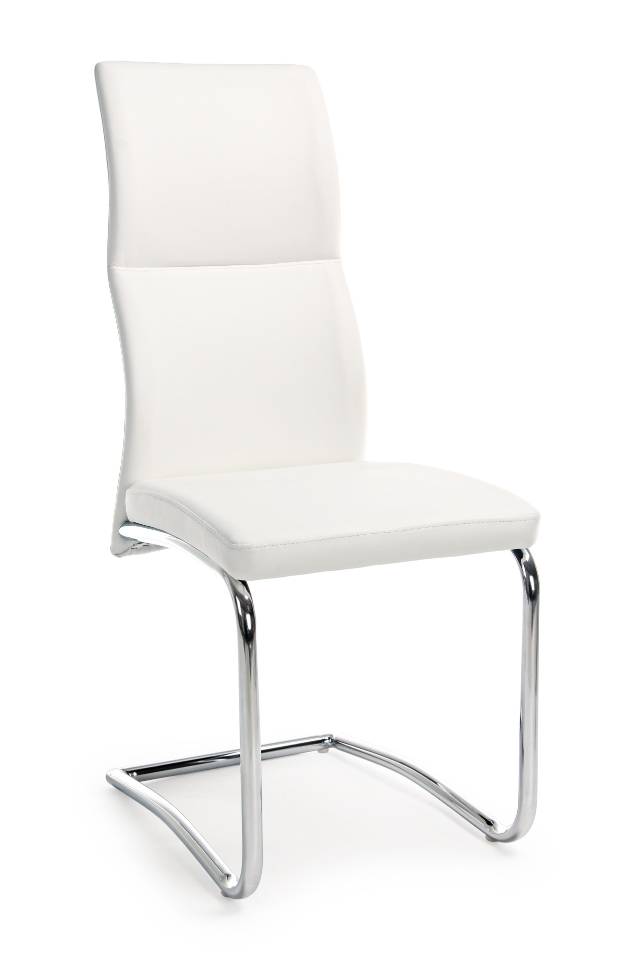 Der Esszimmerstuhl Thelma überzeugt mit seinem modernem Design. Gefertigt wurde der Stuhl aus Kunstleder, welches einen weißen Farbton besitzt. Das Gestell ist aus Metall und ist Silber. Die Sitzhöhe beträgt 47 cm.