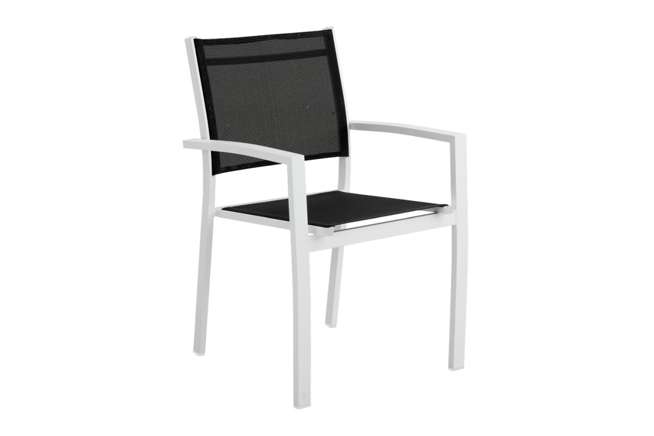 Der Gartenstuhl Rana überzeugt mit seinem modernen Design. Gefertigt wurde er aus Textilene, welcher einen schwarzen Farbton besitzt. Das Gestell ist aus Metall und hat eine weiße Farbe. Die Sitzhöhe des Stuhls beträgt 44 cm.