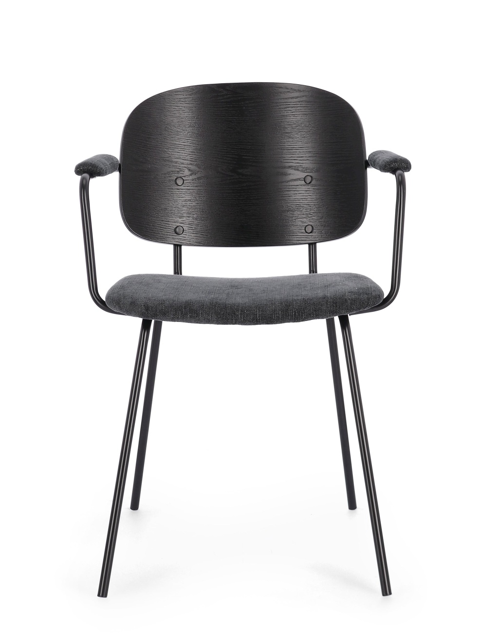Der Esszimmerstuhl Sienna überzeugt mit seinem modernen Stil. Gefertigt wurde er aus Stoff, welcher einen dunkelgrauen Farbton besitzt. Das Gestell ist aus Metall und hat eine schwarze Farbe. Der Stuhl besitzt eine Sitzhöhe von 48 cm.