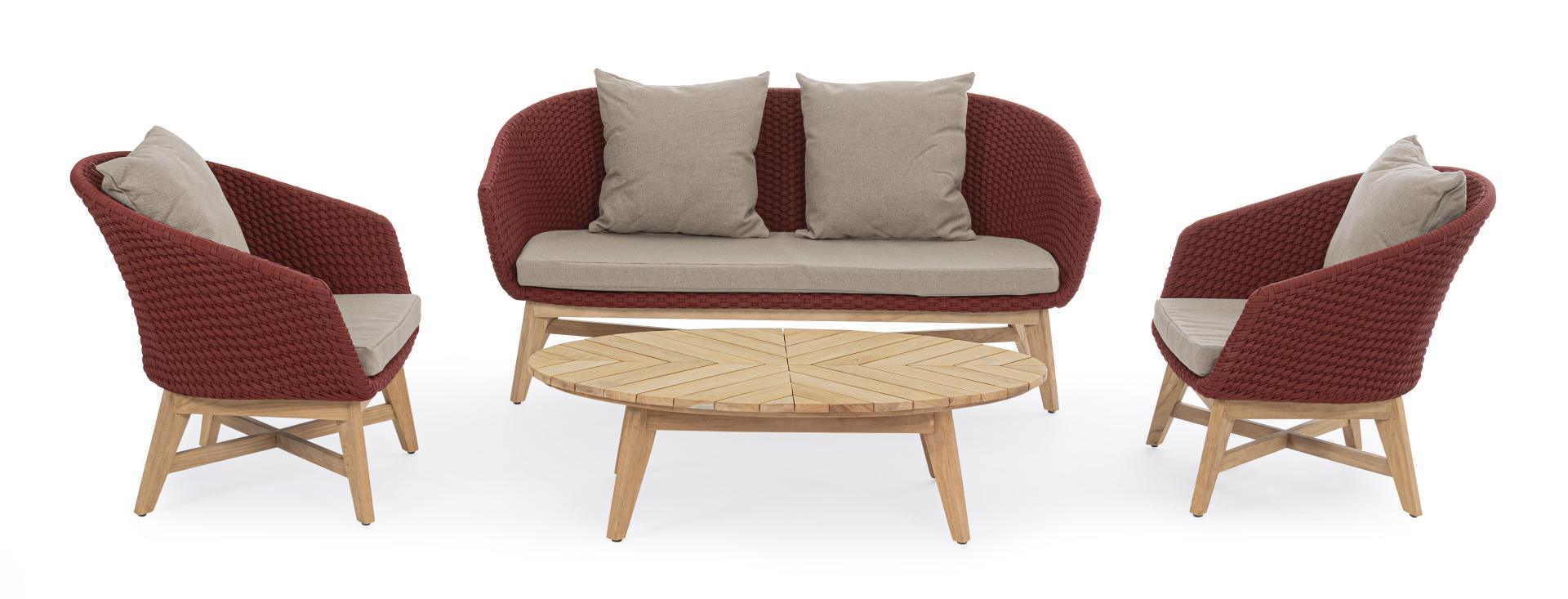 Das Gartensofa Coachella überzeugt mit seinem modernen Design. Gefertigt wurde es aus Olefin-Stoff, welcher einen roten Farbton besitzt. Das Gestell ist aus Teakholz und hat eine natürliche Farbe. Das Sofa verfügt über eine Sitzhöhe von 39 cm und ist für 