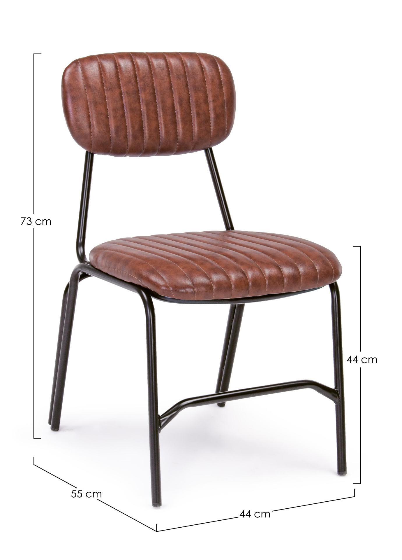 Der Stuhl Debbie überzeugt mit seinem industriellen Design. Gefertigt wurde der Stuhl aus Kunstleder, welches einen Cognac Farbton besitzt. Das Gestell ist aus Metall und ist Schwarz. Die Sitzhöhe beträgt 44 cm.
