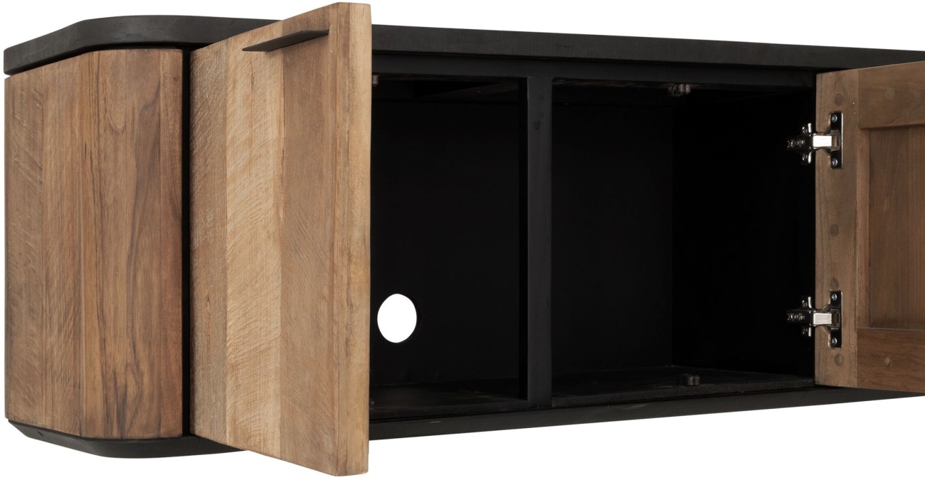 Das TV Board Soho überzeugt mit seinem modernen Design. Gefertigt wurde es aus recyceltem Teakholz, welches einen natürlichen Farbton besitzt. Das Gestell ist aus Metall und hat eine schwarze Farbe. Das TV Board besitzt eine Breite von 150 cm.