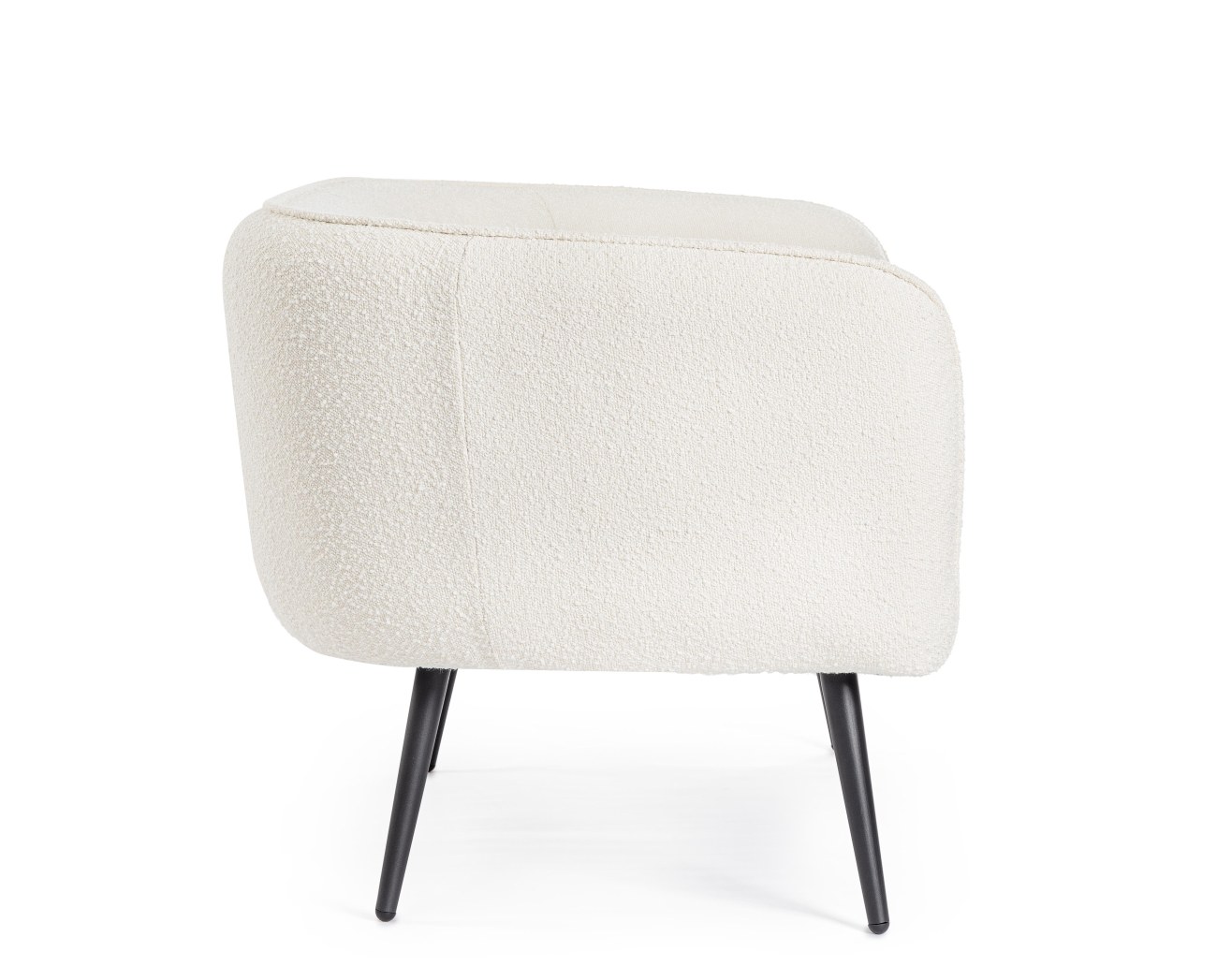 Das Sofa Avril überzeugt mit seinem modernen Stil. Gefertigt wurde es aus Bouclè-Stoff, welcher einen weißen Farbton besitzt. Das Gestell ist aus Metall und hat eine schwarze Farbe. Das Sofa ist in der Ausführung 2-Sitzer.
