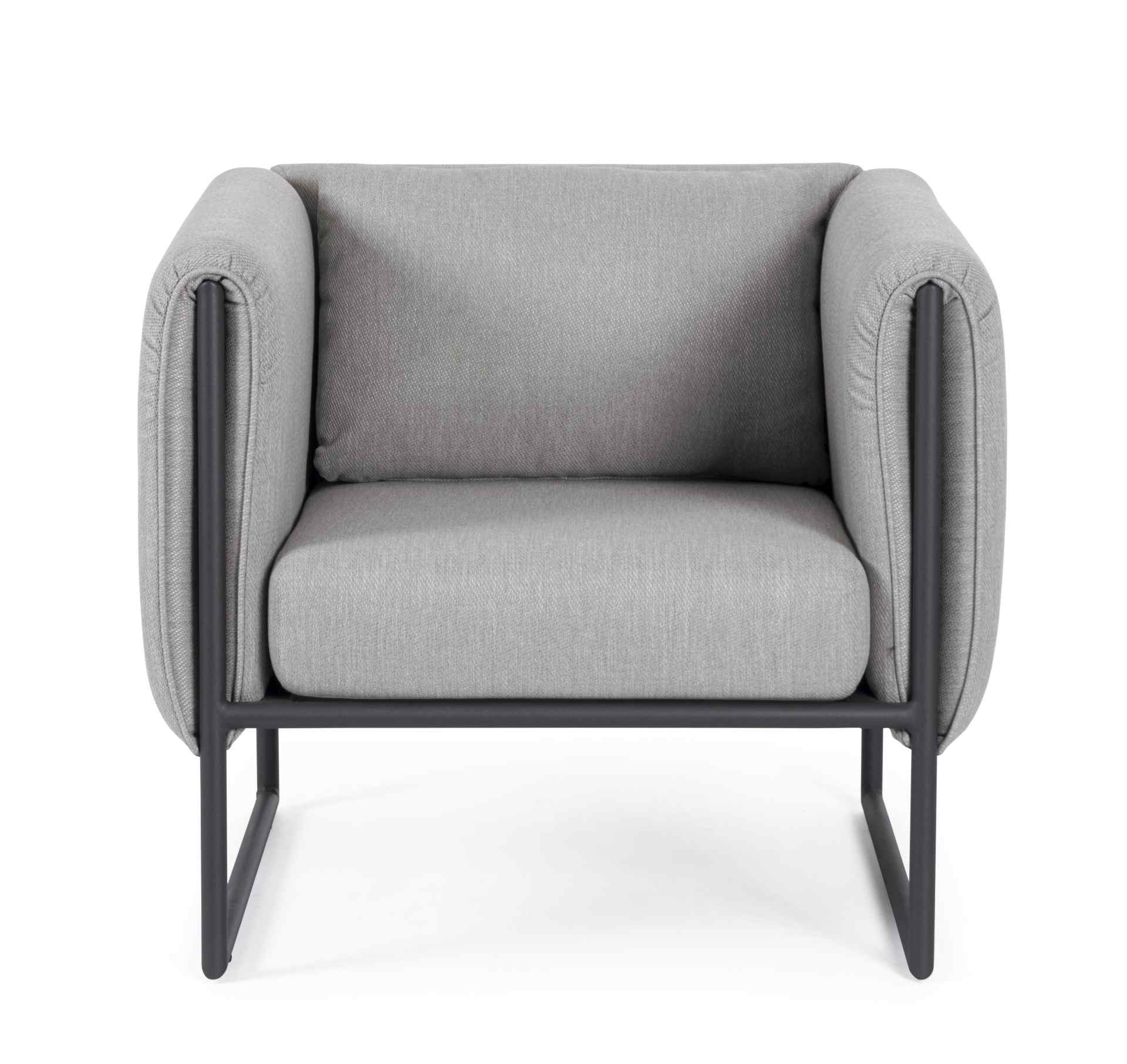 Der Gartensessel Pixel überzeugt mit seinem modernen Design. Gefertigt wurde er aus Olefin-Stoff, welcher einen grauen Farbton besitzt. Das Gestell ist aus Aluminium und hat eine schwarze Farbe. Der Sessel verfügt über eine Sitzhöhe von 42 cm und ist für 
