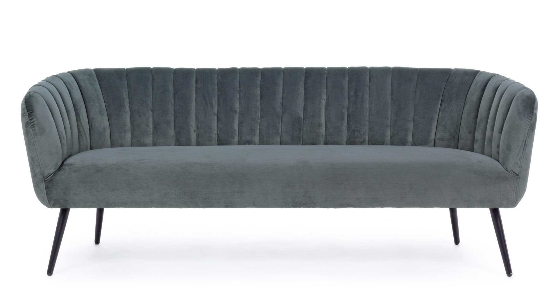 Das Sofa Avril überzeugt mit seinem modernen Design. Gefertigt wurde es aus Stoff in Samt-Optik, welcher einen grauen Farbton besitzt. Das Gestell ist aus Metall und hat eine schwarze Farbe. Das Sofa ist in der Ausführung als 3-Sitzer. Die Breite beträgt 