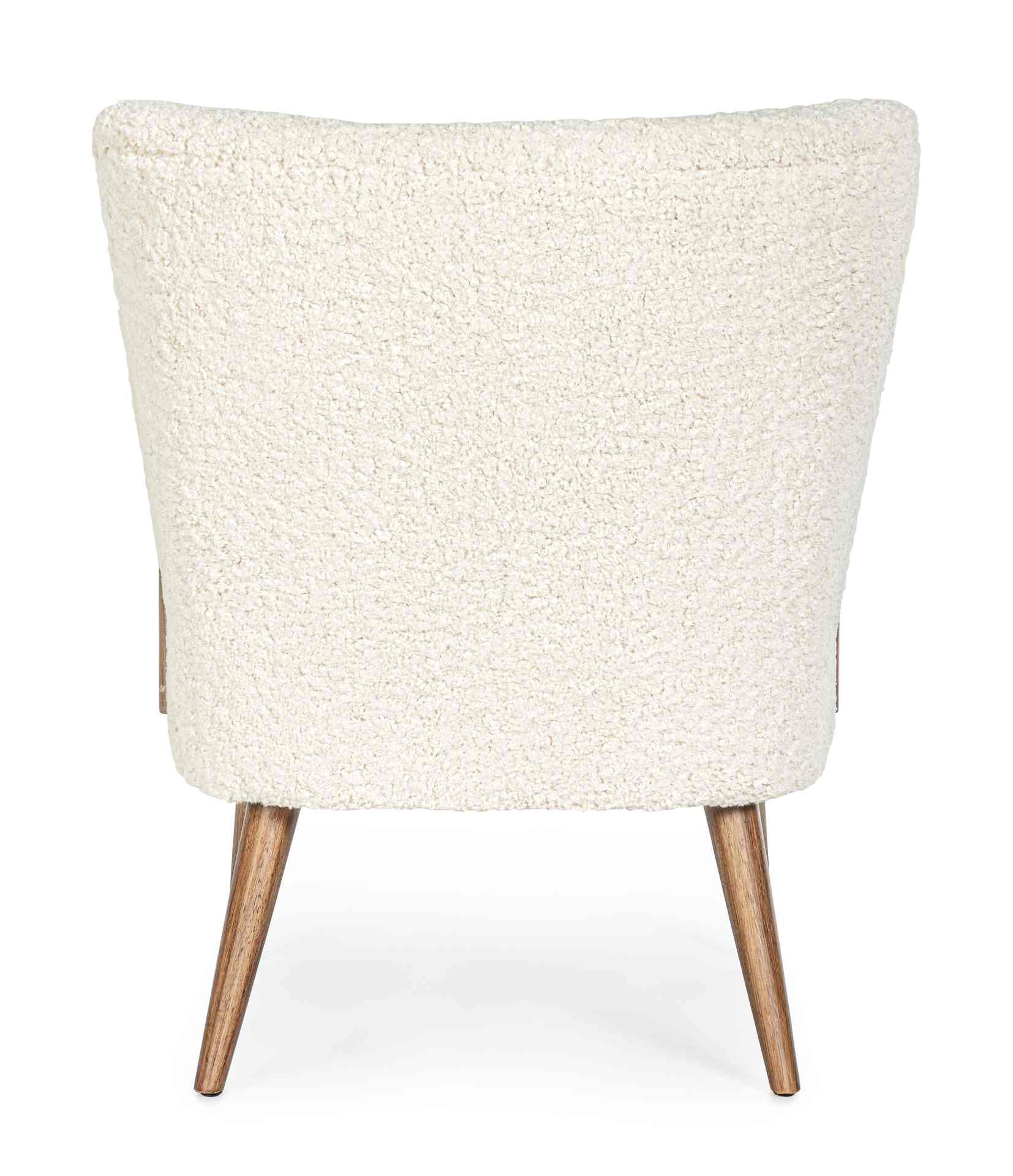 Der Sessel Moritz überzeugt mit seinem modernen Design. Gefertigt wurde er aus Stoff in Teddy-Optik, welcher einen weißen Farbton besitzt. Das Gestell ist aus Kautschukholz und hat eine natürliche Farbe. Der Sessel besitzt eine Sitzhöhe von 45 cm. Die Bre