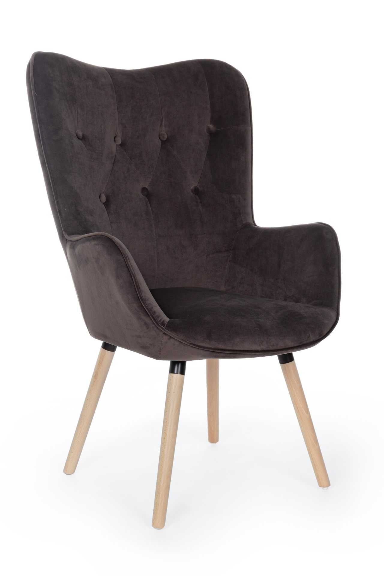 Der Sessel Juliet überzeugt mit seinem modernen Design. Gefertigt wurde er aus Stoff in Samt-Optik, welcher einen braunen Farbton besitzt. Das Gestell ist aus Buchenholz und hat eine natürliche Farbe. Der Sessel besitzt eine Sitzhöhe von 48 cm. Die Breite
