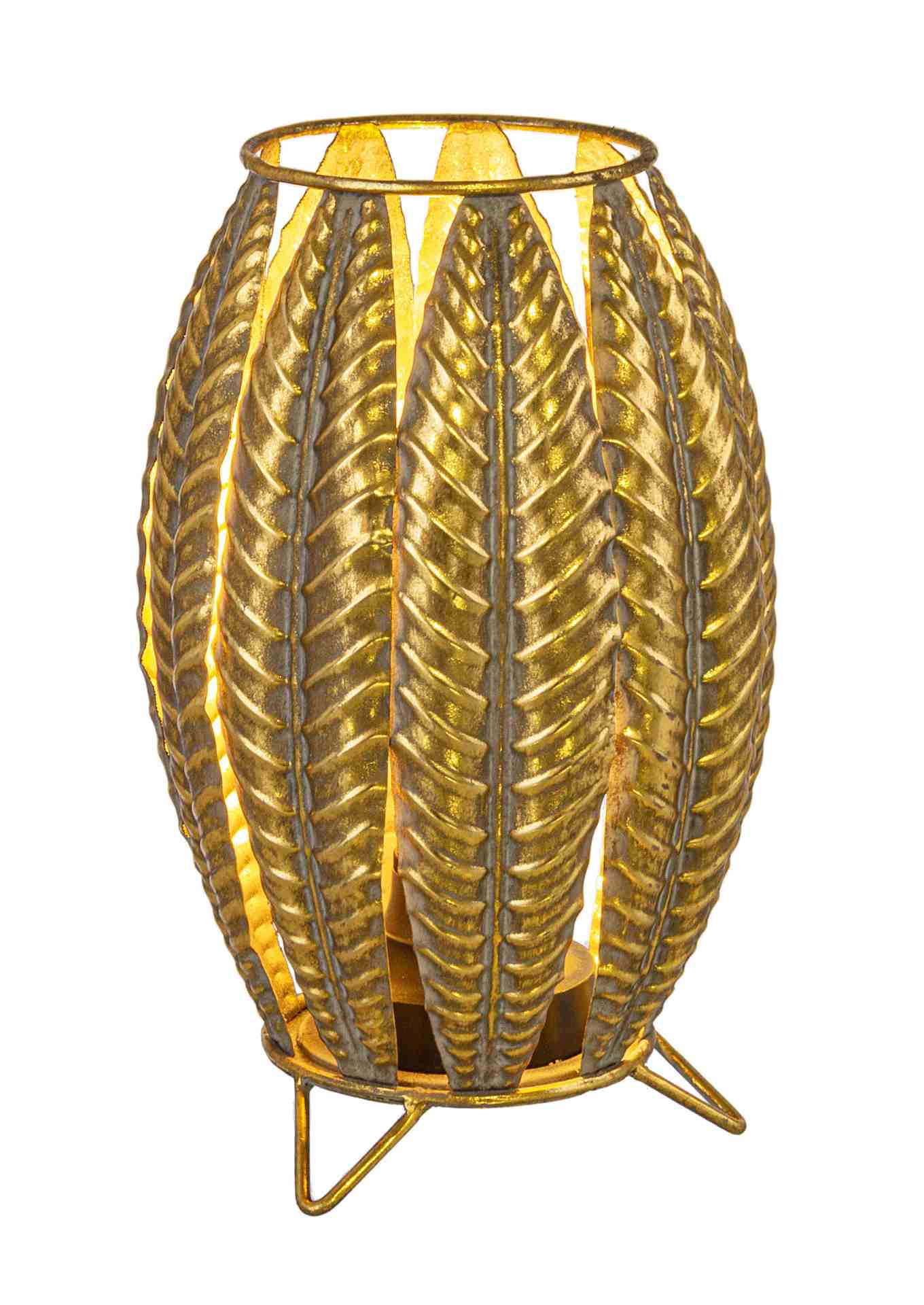 Die Tischleuchte Tarfaya überzeugt mit ihrem klassischen Design. Gefertigt wurde sie aus Metall, welches einen goldenen Farbton besitzt. Der Lampenschirm ist auch aus Metall und hat eine goldene Farbe. Die Lampe besitzt eine Höhe von 26,5 cm.