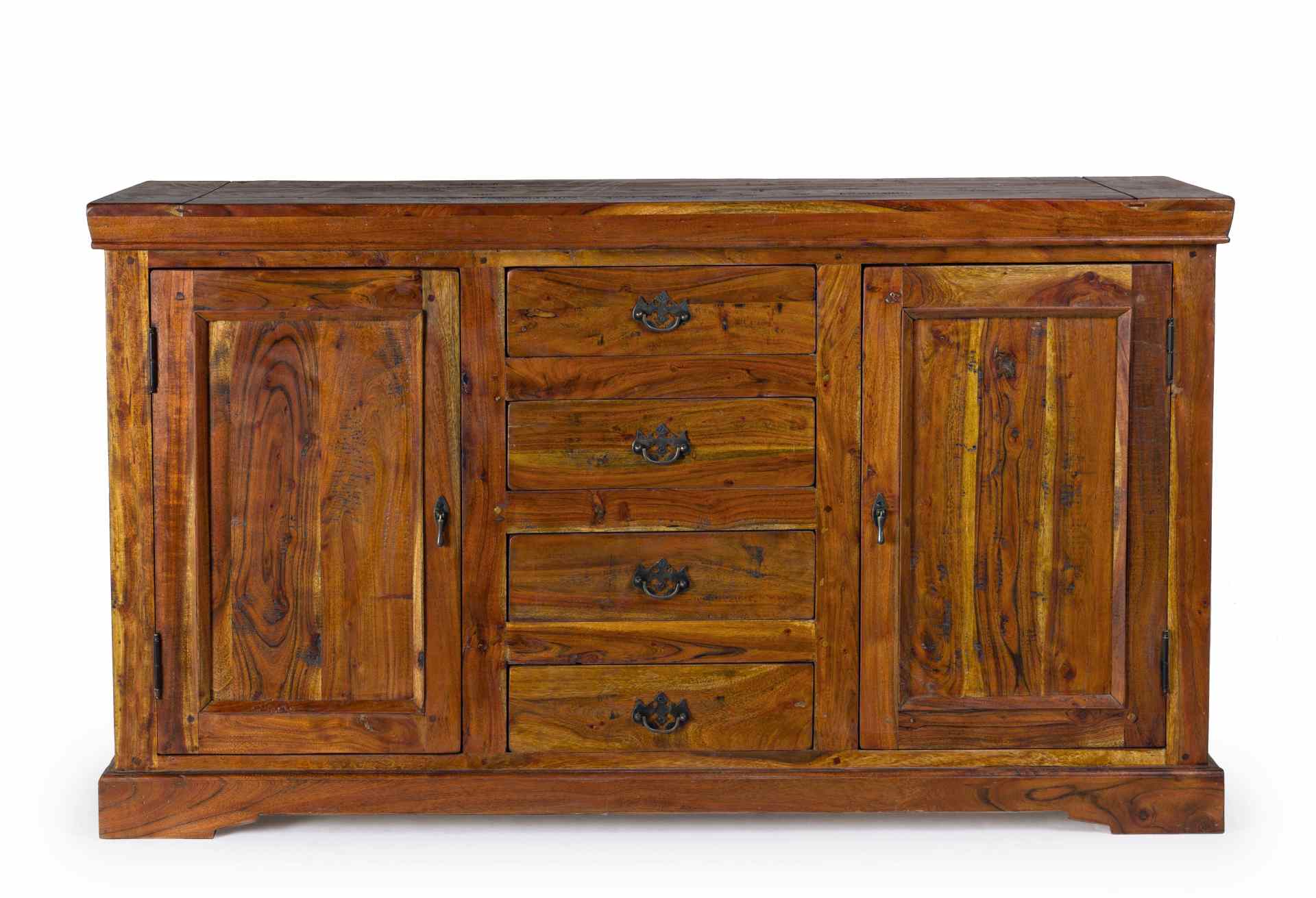 Das Sideboard Chateaux überzeugt mit seinem klassischen Design. Gefertigt wurde es aus Akazien-Holz, welches einen natürlichen Farbton besitzt. Das Gestell ist auch aus Akazien-Holz. Das Sideboard verfügt über zwei Türen und vier Schubladen. Die Breite be