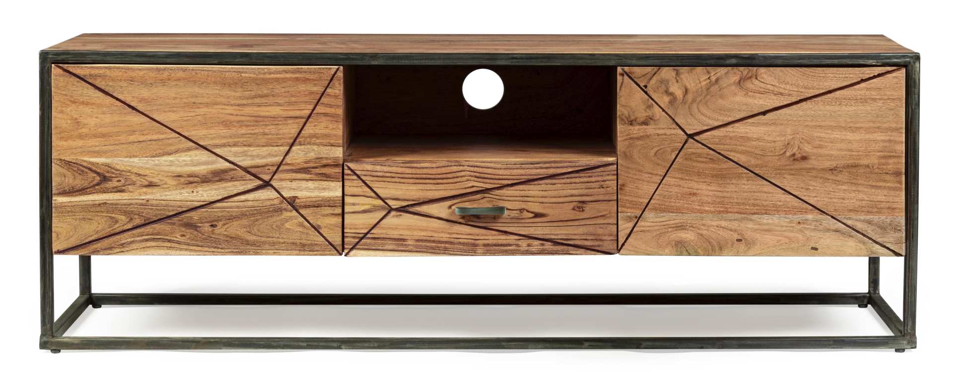 Das TV Board Egon überzeugt mit seinem modernen Design. Gefertigt wurde es aus Akazienholz, welches einen natürlichen Farbton besitzt. Das Gestell ist aus Metall und hat eine schwarze Farbe. Das TV Board verfügt über zwei Türen und eine Schublade. Die Bre