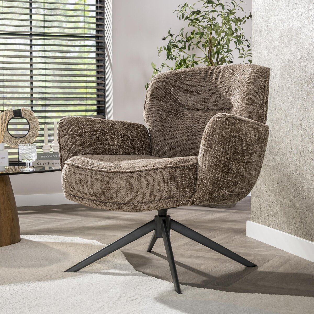 Komfortsessel Azora mit 360° Drehfunktion und Chenille-Stoff, Taupe
