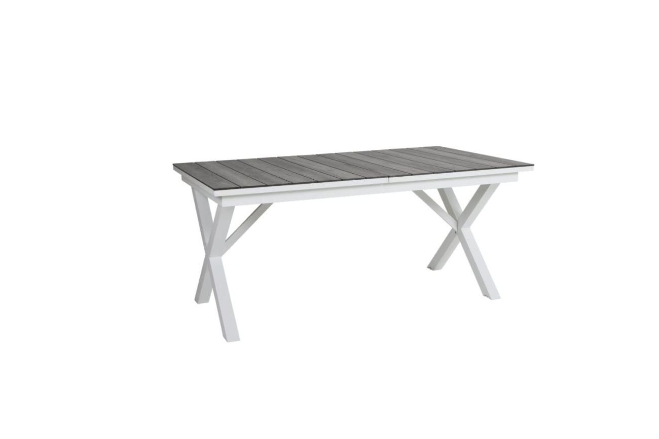 Der Gartenesstisch Hillmond überzeugt mit seinem modernen Design. Gefertigt wurde die Tischplatte aus Holz und besitzt einen grauen Farbton. Das Gestell ist auch aus Metall und hat eine weiße Farbe. Der Tisch besitzt eine Länger von 166 cm welche bis auf 