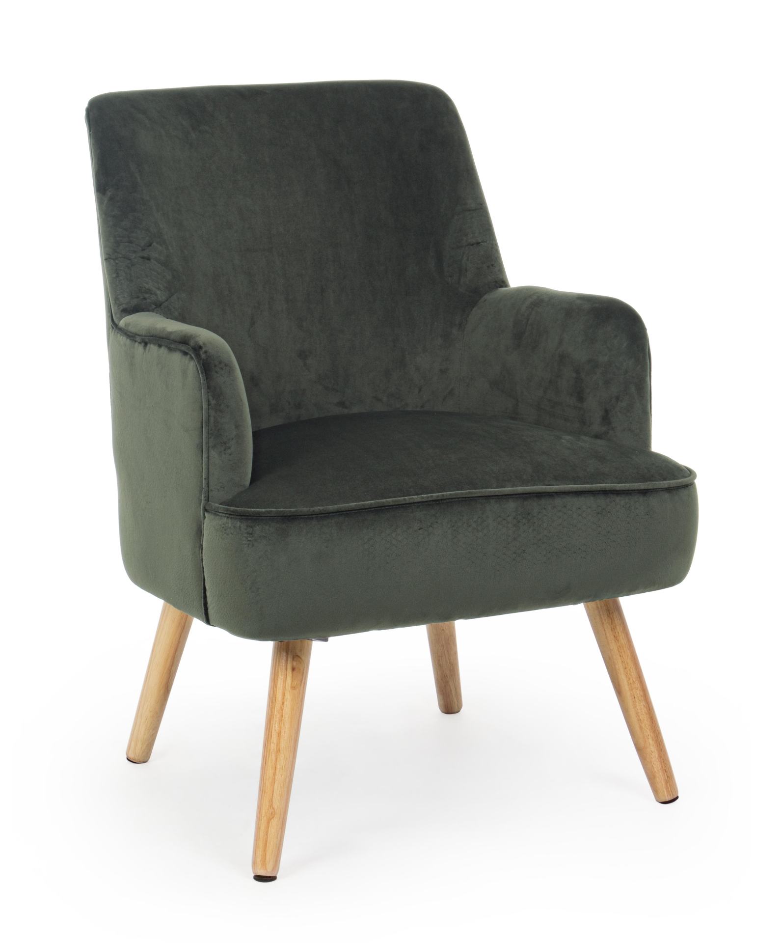 Der Sessel Adeline überzeugt mit seinem klassischen Design. Gefertigt wurde er aus Stoff in Samt-Optik, welcher einen grünen Farbton besitzt. Das Gestell ist aus Buchenholz und hat eine natürliche Farbe. Der Sessel besitzt eine Sitzhöhe von 42 cm. Die Bre