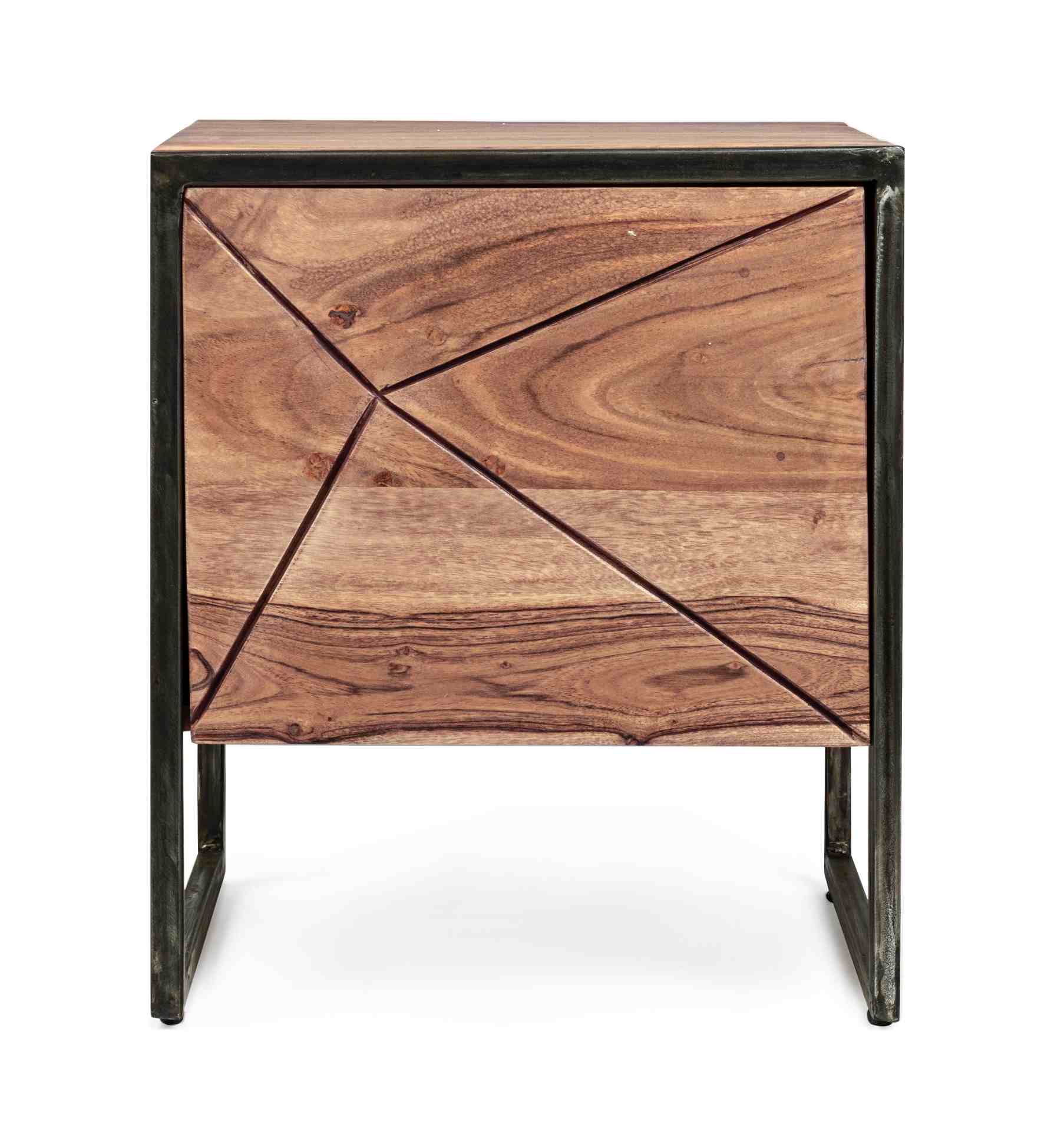 Der Nachttisch Egon überzeugt mit seinem modernen Design. Gefertigt wurde er aus Akazienholz, welches einen natürlichen Farbton besitzt. Das Gestell ist aus Metall und hat eine schwarze Farbe. Der Nachttisch verfügt über eine Tür. Die Breite beträgt 45 cm