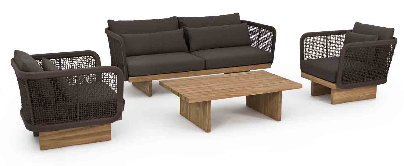 Modernes 3 Sitzer Sofa mit dunkelbraunen Sitzkissen und einem Gestell aus Teakholz