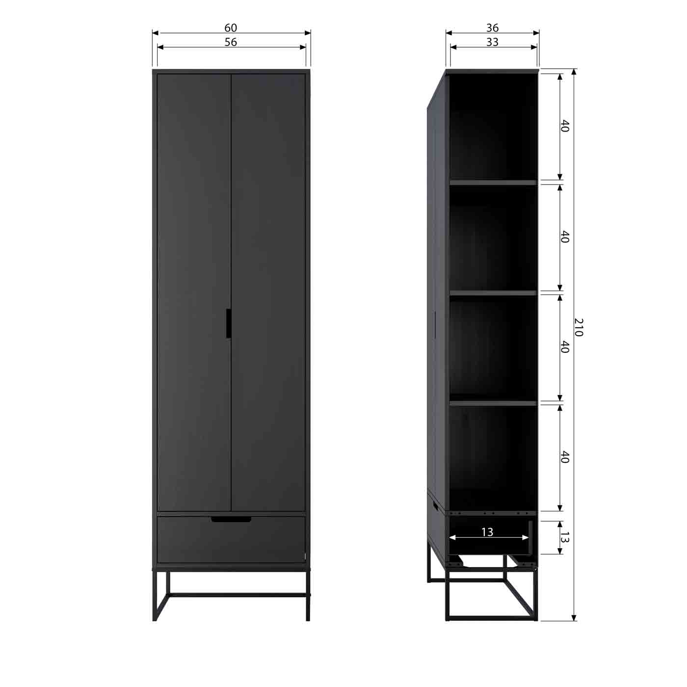 Schrank Silas in schmaler Ausführung mit Türen und Schubalde. Idealer Design Schrank und schmales Platzwunder