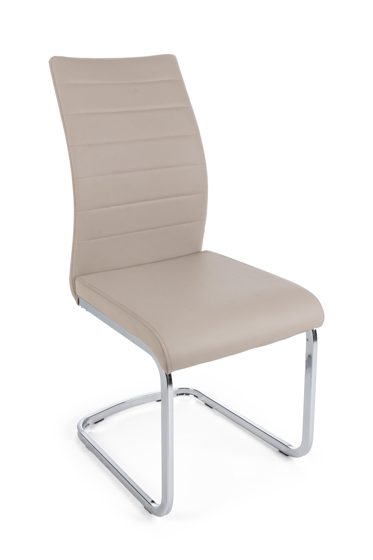 Der Stuhl Mayra überzeugt mit seinem modernem Design. Gefertigt wurde der Stuhl aus einem Kunststoff-Bezug, welcher einen Taupe Farbton besitzt. Das Gestell ist aus Metall, welches eine Silberne Farbe hat. Die Sitzhöhe beträgt 47 cm.