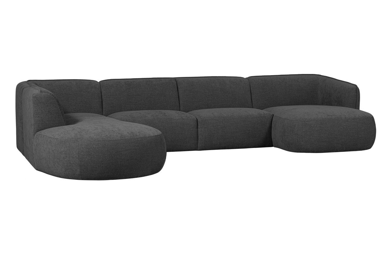 Das Sofa Polly überzeugt mit seinem modernen Design. Gefertigt wurde es aus Webstoff, welches einen grauen Farbton besitzt. Das Gestell ist aus Holz und hat eine schwarze Farbe. Das Sofa in U-Form besitzt eine Sitzhöhe von 42 cm.