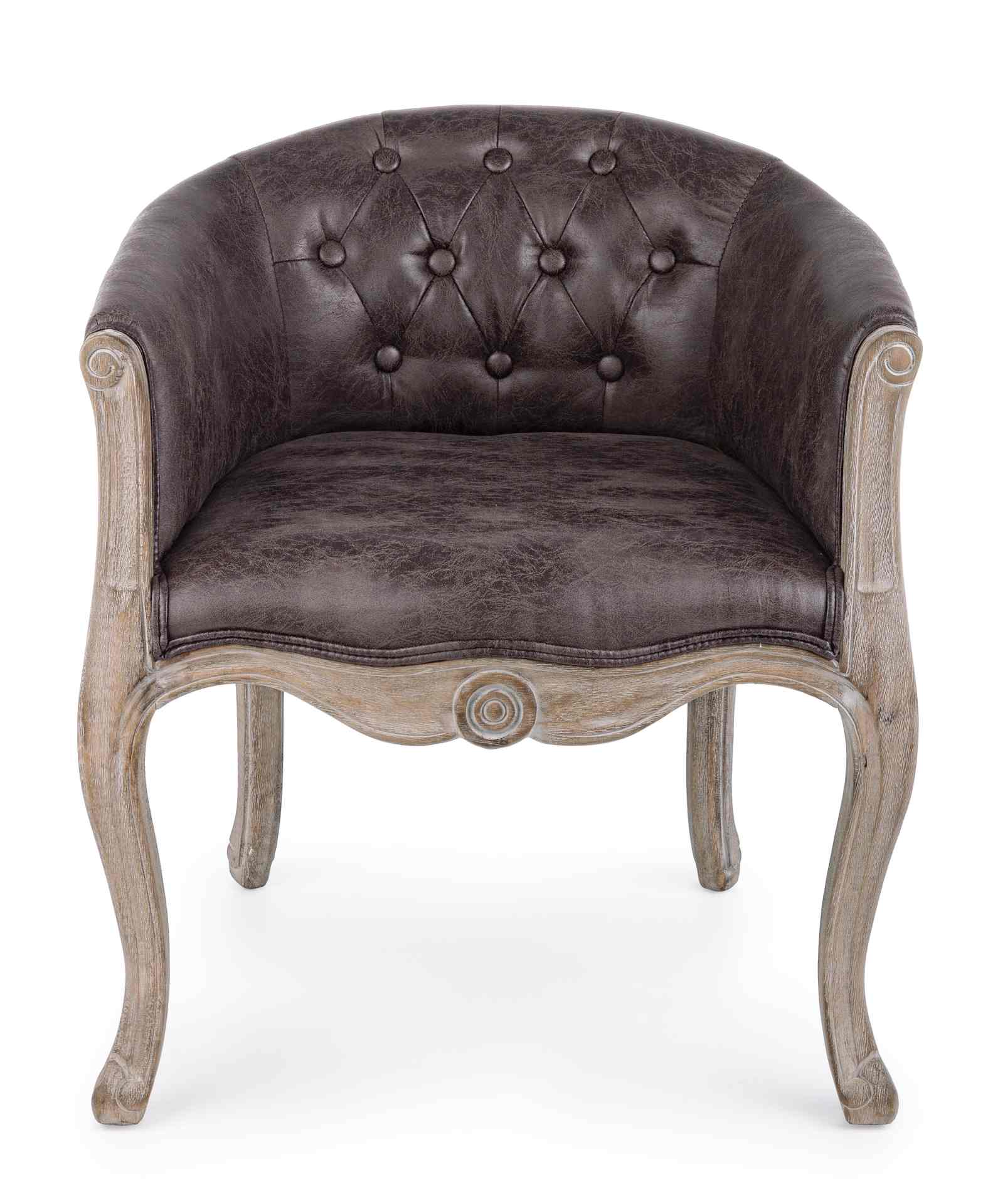 Der Sessel Diva überzeugt mit seinem klassischen Design. Gefertigt wurde er aus Kunstleder, welches einen braunen Farbton besitzt. Das Gestell ist aus Kautschukholz und hat eine natürliche Farbe. Der Sessel besitzt eine Sitzhöhe von 43 cm. Die Breite betr