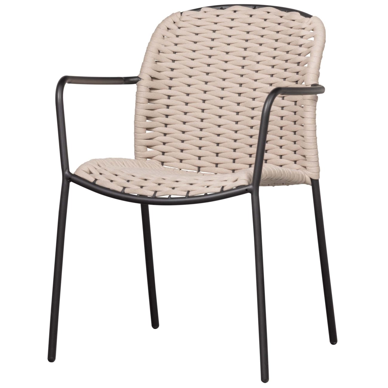 Der Gartenstuhl Taki überzeugt mit seinem modernen Design. Gefertigt wurde er aus Seilen aus Kunststoff, welche einen Sand Farbton besitzt. Das Gestell ist aus Metall und hat eine schwarze Farbe. Der Stuhl ist stapelbar.