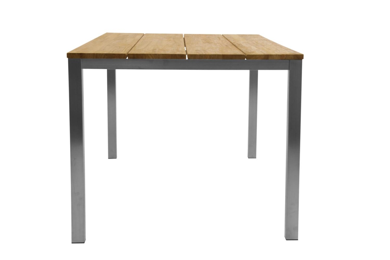 Der Gartenesstisch Hinton überzeugt mit seinem modernen Design. Gefertigt wurde die Tischplatte aus Teakholz und besitzt einen natürlichen Farbton. Das Gestell ist auch aus Metall und hat eine silberne Farbe. Der Tisch besitzt eine Länger von 200 cm.