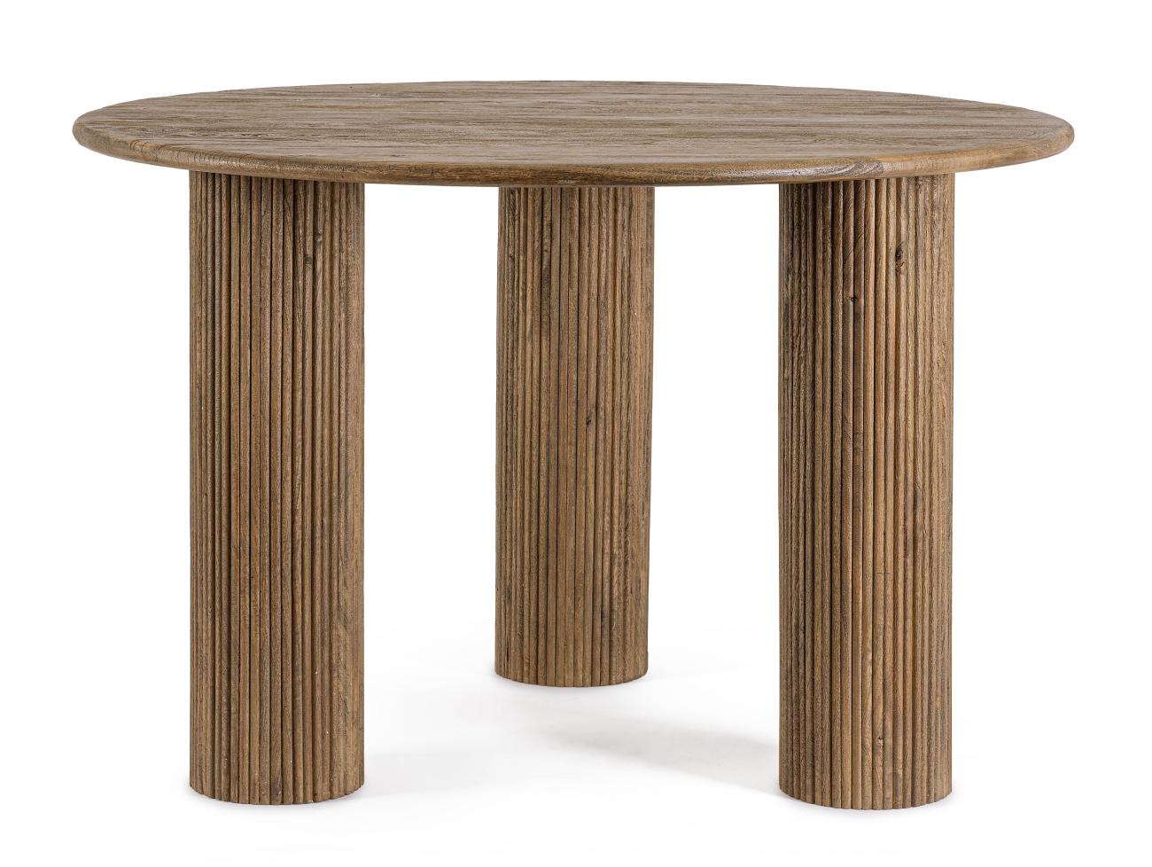 Der Esstisch Dacca überzeugt mit seinem modernen Stil. Gefertigt wurde er aus Mangoholz, welches einen braunen Farbton besitzt. Das Gestell ist auch aus Mangoholz und hat eine braunen Farbe. Der Tisch besitzt einen Durchmesser von 120 cm