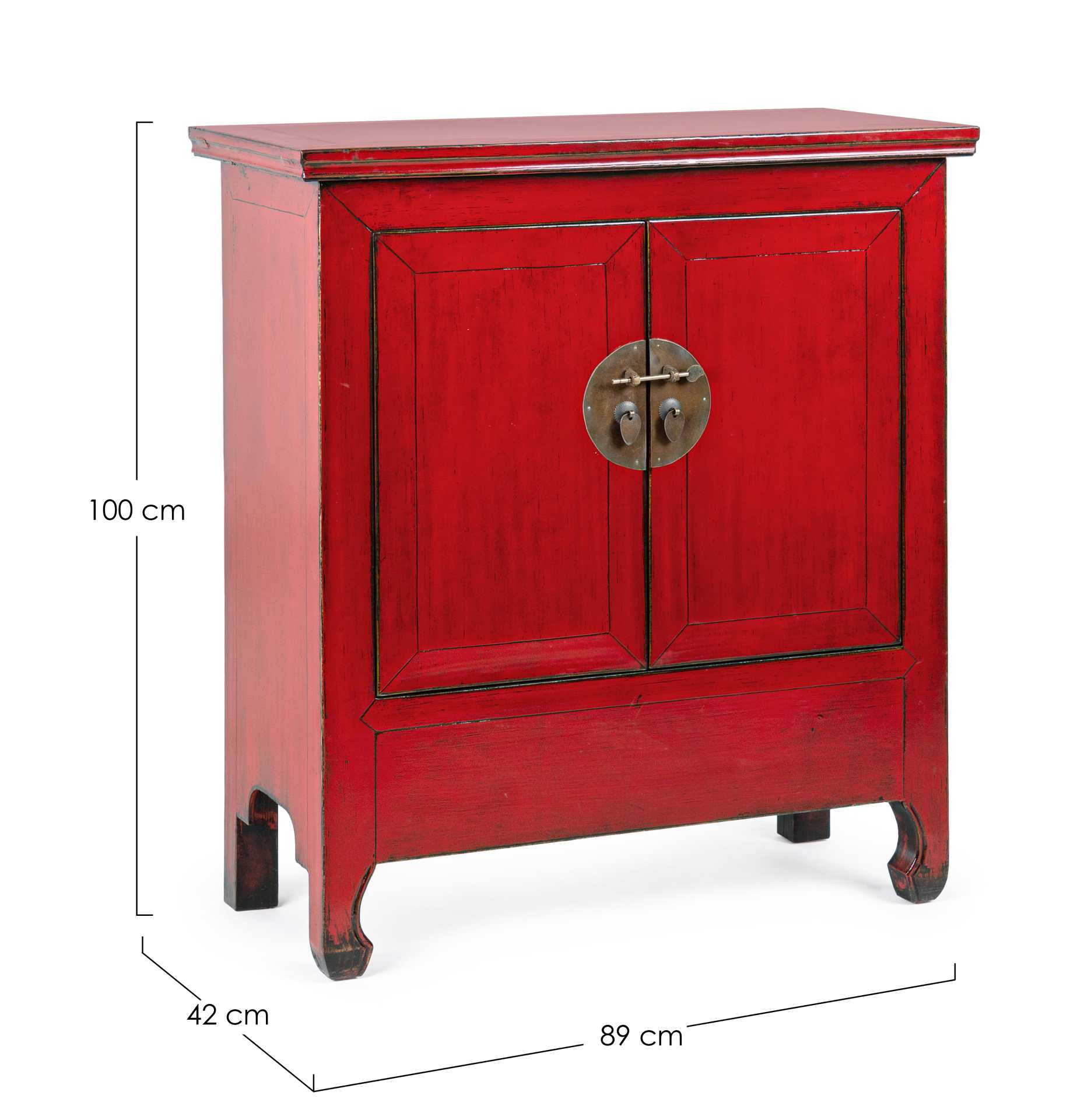 Die Kommode Jinan überzeugt mit ihrem klassischen Design. Gefertigt wurde sie aus Ulmen-Holz, welches einen roten Farbton besitzt. Das Gestell ist auch aus Ulmen-Holz. Die Kommode verfügt über zwei Türen. Die Breite beträgt 89 cm.